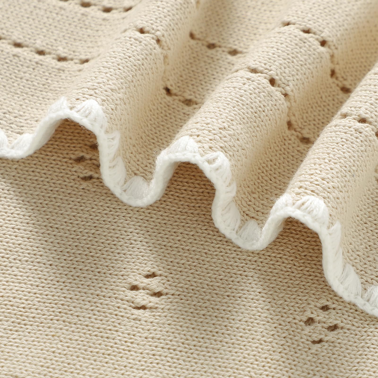 Coperta per neonati in 100% cotone, lavorata a maglia, morbida, lavorata all'uncinetto, per neonati, ragazze, bambini, con bordo adorabile (cammello)