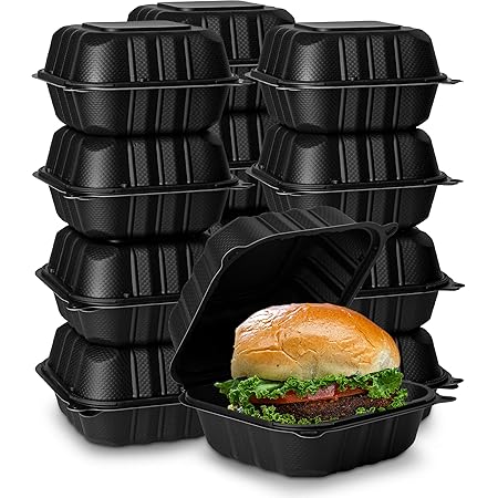 Eco-Friendly Meal Prep Containers [50-Pack 6x6x3"] Black Disposable to go Clamshell Food Containers with Secure Snap Hinged Lid, Microwave Safe Take Out Lunch Boxes, Made from Renewable Materials