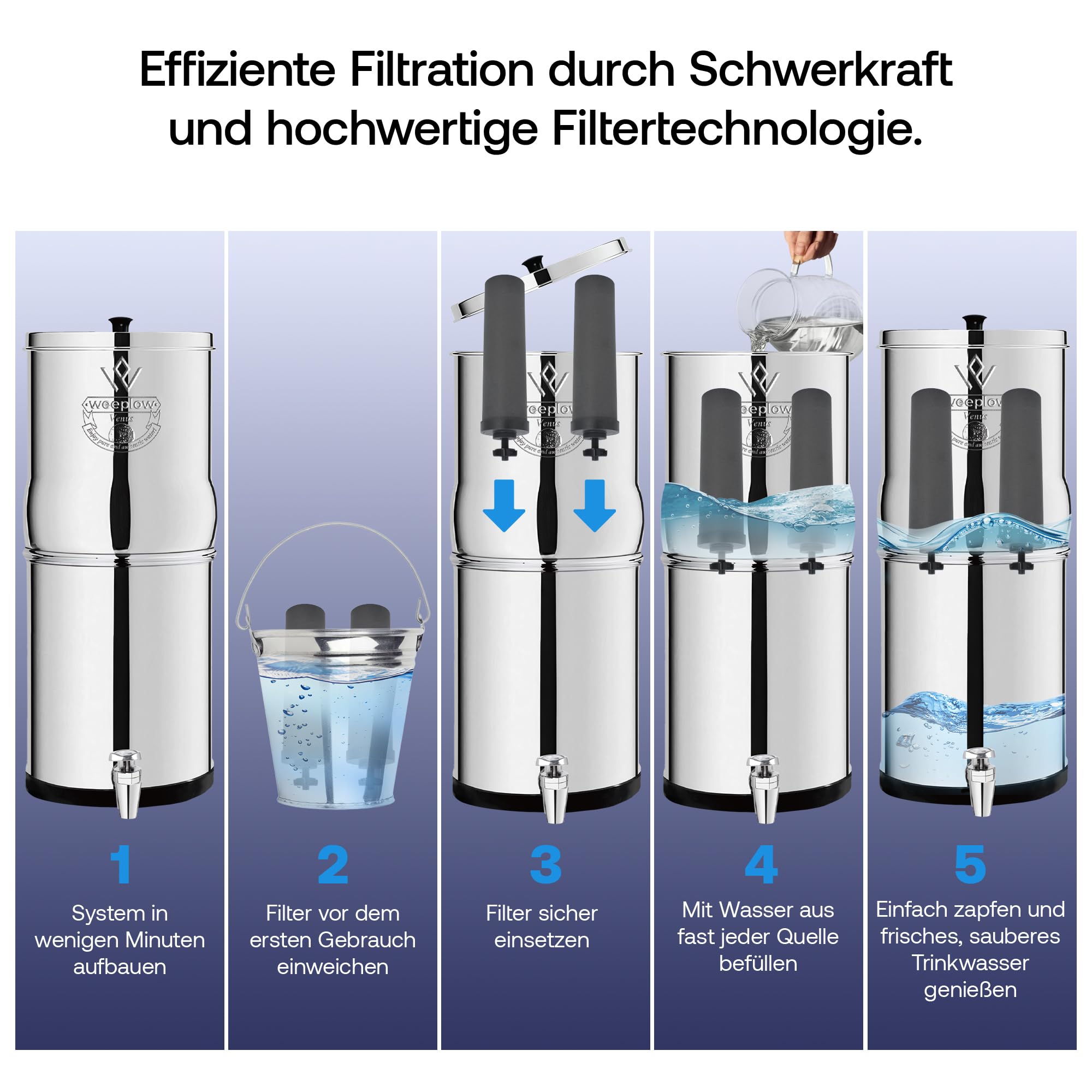 Weeplow Venus ECO Schwerkraft Wasserfiltersystem 5,6 L Edelstahl AISI 304 | AISI 304 Edelstahl mit Auslaufhahn aus Edelstahl. 2 O'Pure 2 Filterelemente enthalten. Filtert ohne Strom und Anschluss.