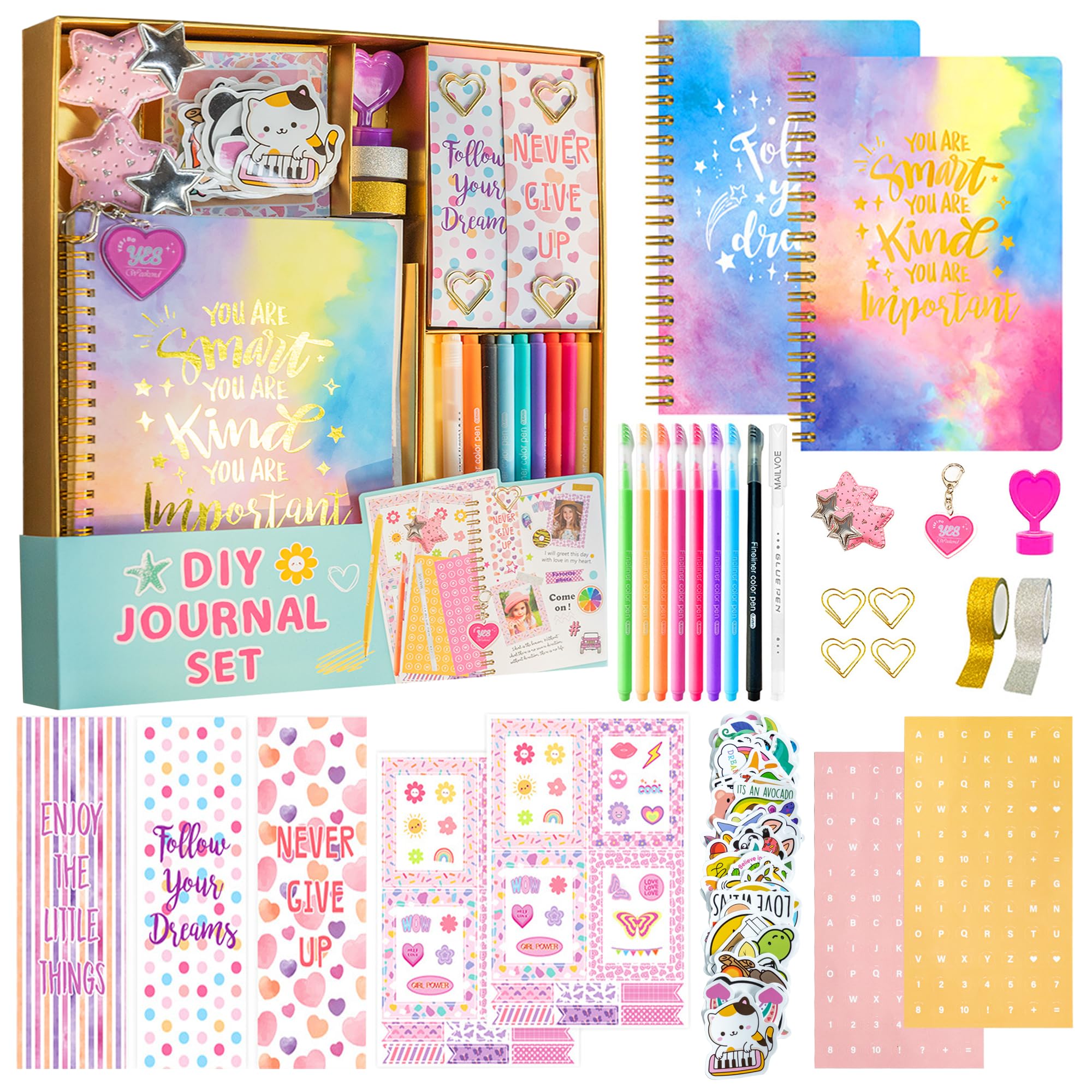 HoomTop 2-Pack DIY Journal Kit for Girls Ages 7 8 9 10 11 12 13 14 Year Old, Perfect Birthday Gifts for Teens, Creative Diary with Stationery Set, Stickers, Watercolor Pens