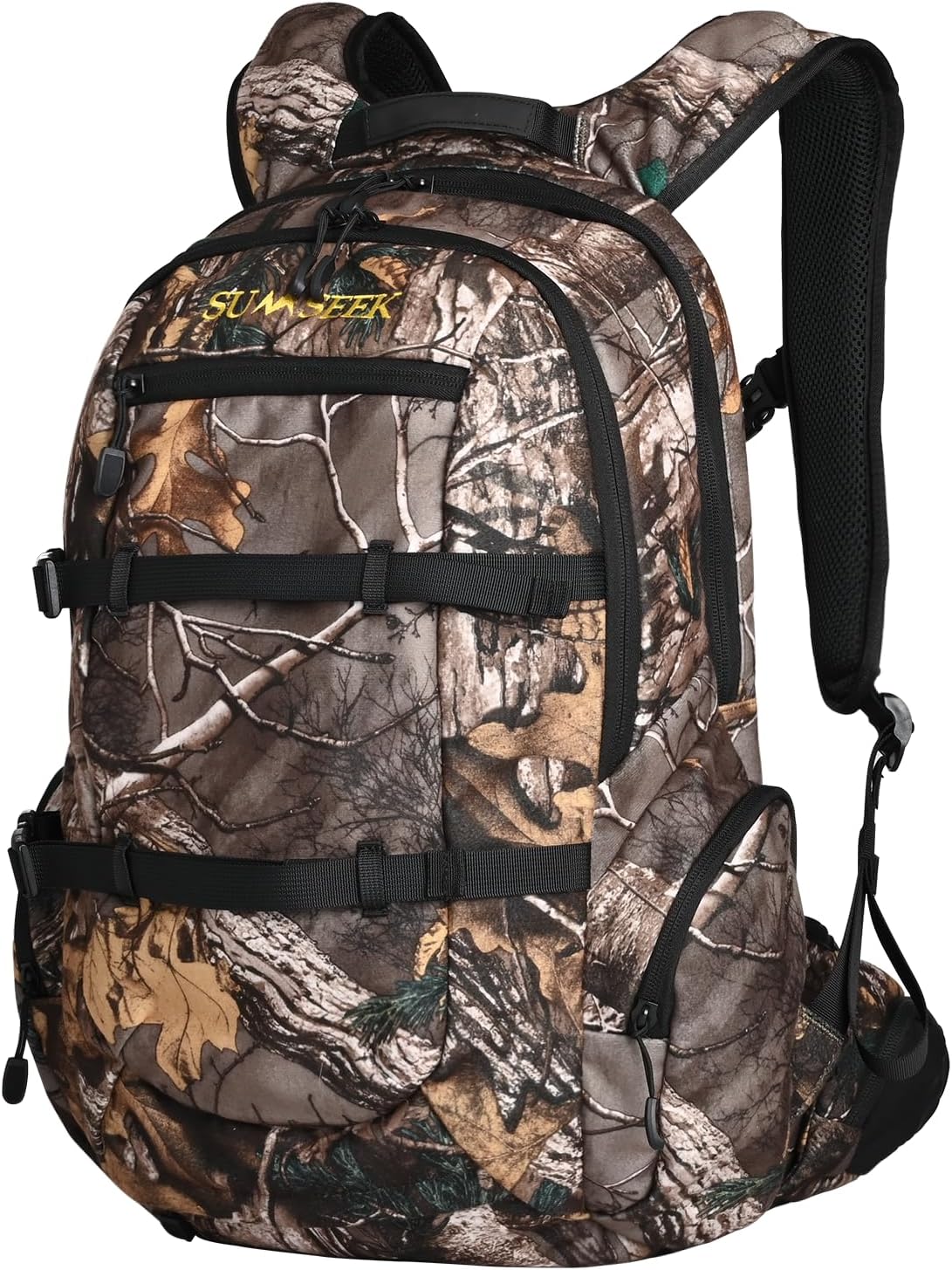 Silent Hunting Backpack with Integrated Rifle and Bow Carrier, Brushed Tricot Daypack for Turkey and Deer Hunting, 30L Camo Pack with Drop-Down Buttstock Holder, Padded Waist Belt and Rain cover