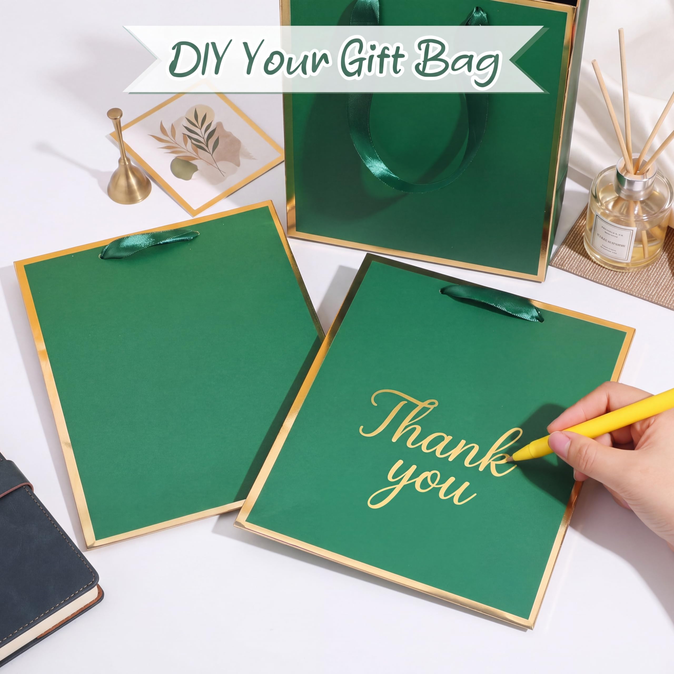 Yeaqee 24 Pack Metallic Paper Gift Bags with Handle and Tissue 9x7x3.1 Gold Foil Welcome Thank You Favor Bags Return Gifts for Wedding Graduation Bridesmaid Groomsmen Birthday(Green Gold)