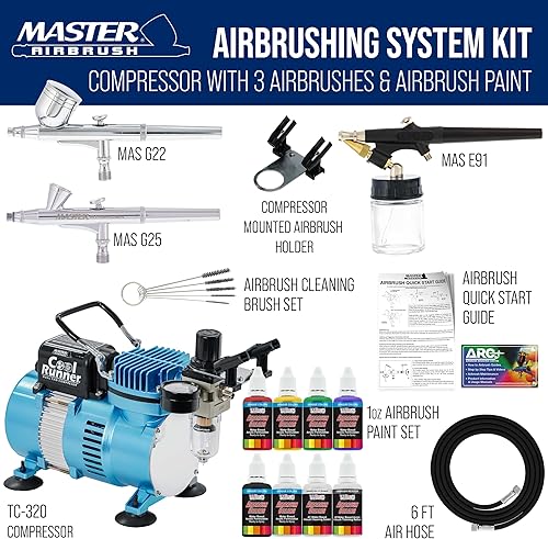 Miniatura 2 de Equipo profesional de 3 sistemas de aerógrafo con compresor y kit de pinturas de 6 colores primarios de Master Airbrush