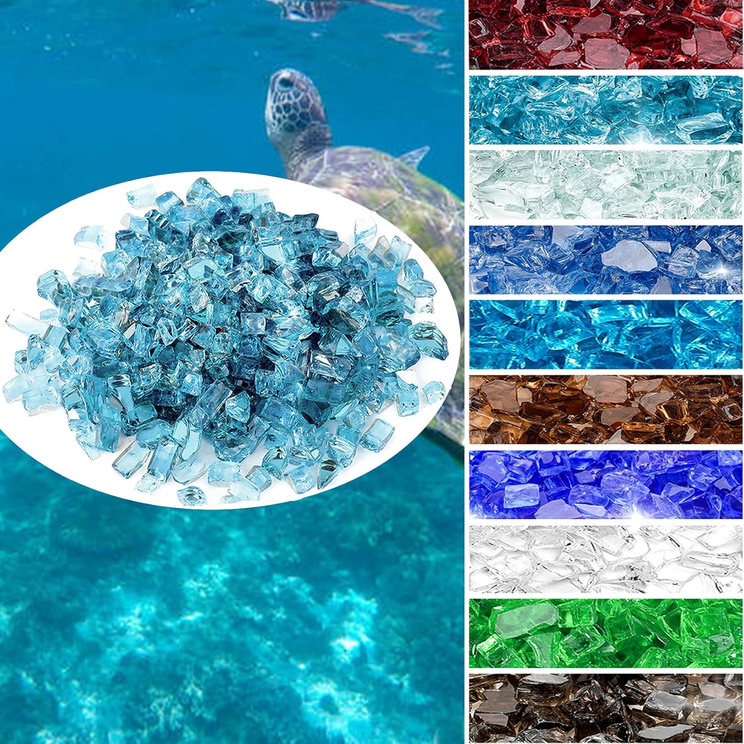 Onlyfire 10 lbs Fire Glass for Propane Gas Fire Pit, 1/2-Inch High Luster Fireplace Glass Rocks for Fire Pit Table, Aqua Blue