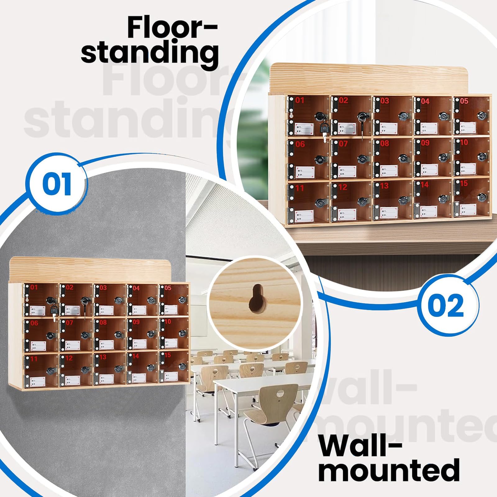 Armoire de rangement en bois pour téléphone portable avec serrure et clés, boîte à clés sécurisée pour salles de classe, bureaux et employés (20 emplacements)