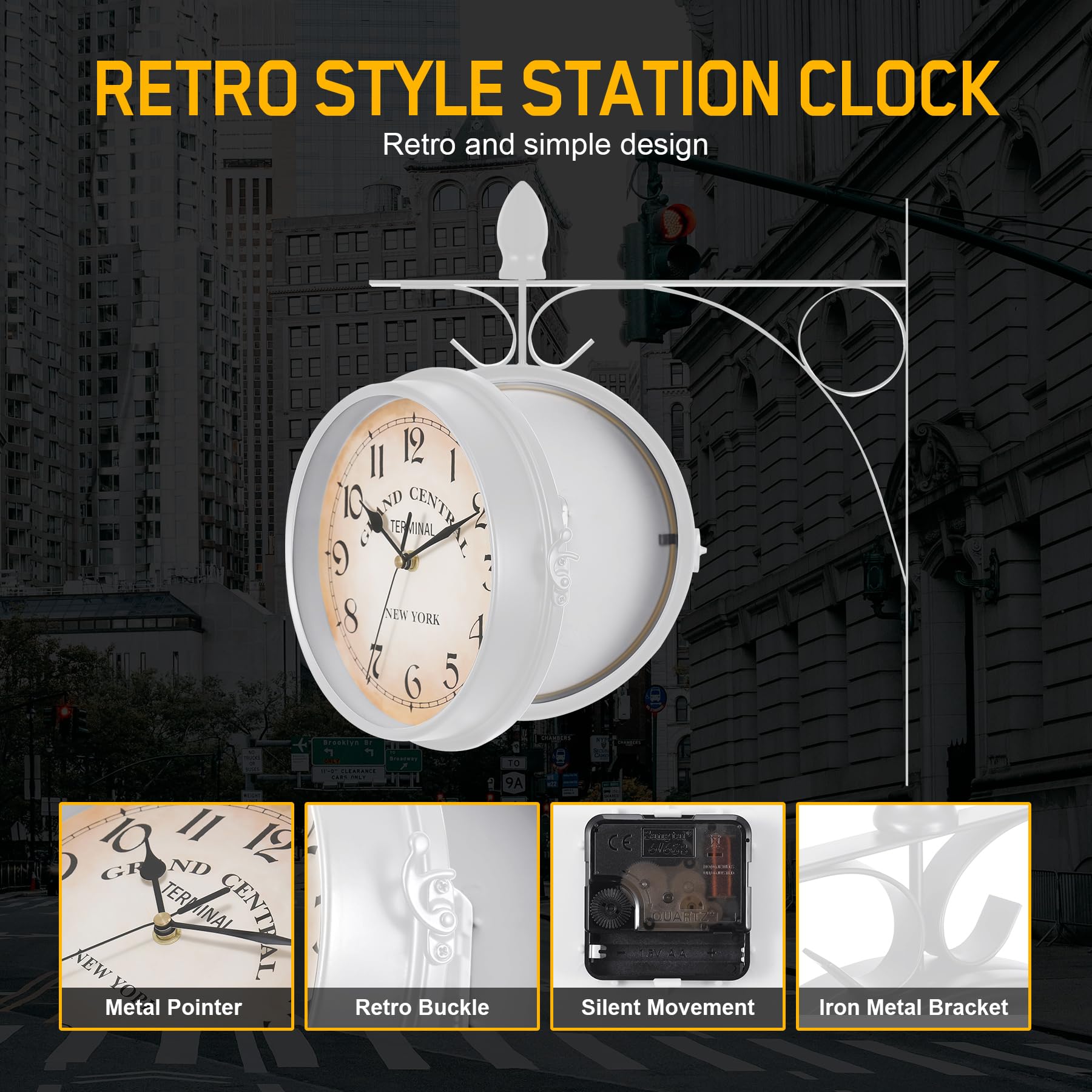 Samger Bahnhofsuhr Doppelseitig Wanduhr Garten Uhr Bahnhof mit Halterung, Retro Vintage-Stil, 29CM, Eisen, New York, Batteriebetrieben, Weiß, Beidseitige Wanduhr für Drinnen und Draußen