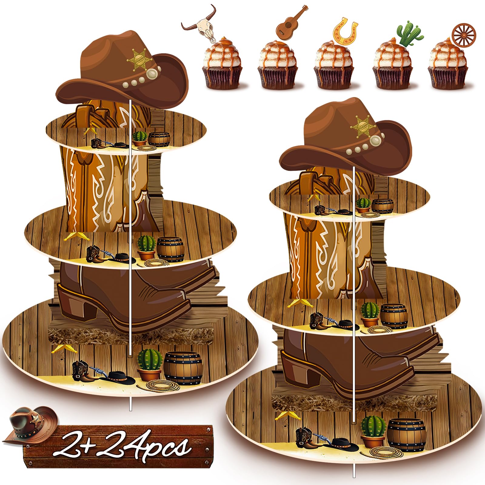 Maqiauly 2Sets Western Cowboy Cupcake Stand Party Decorations, with 24 Cake Toppers for Birthday, Cow Theme, Rodeo, Cowgirl, Baby Shower Supplies