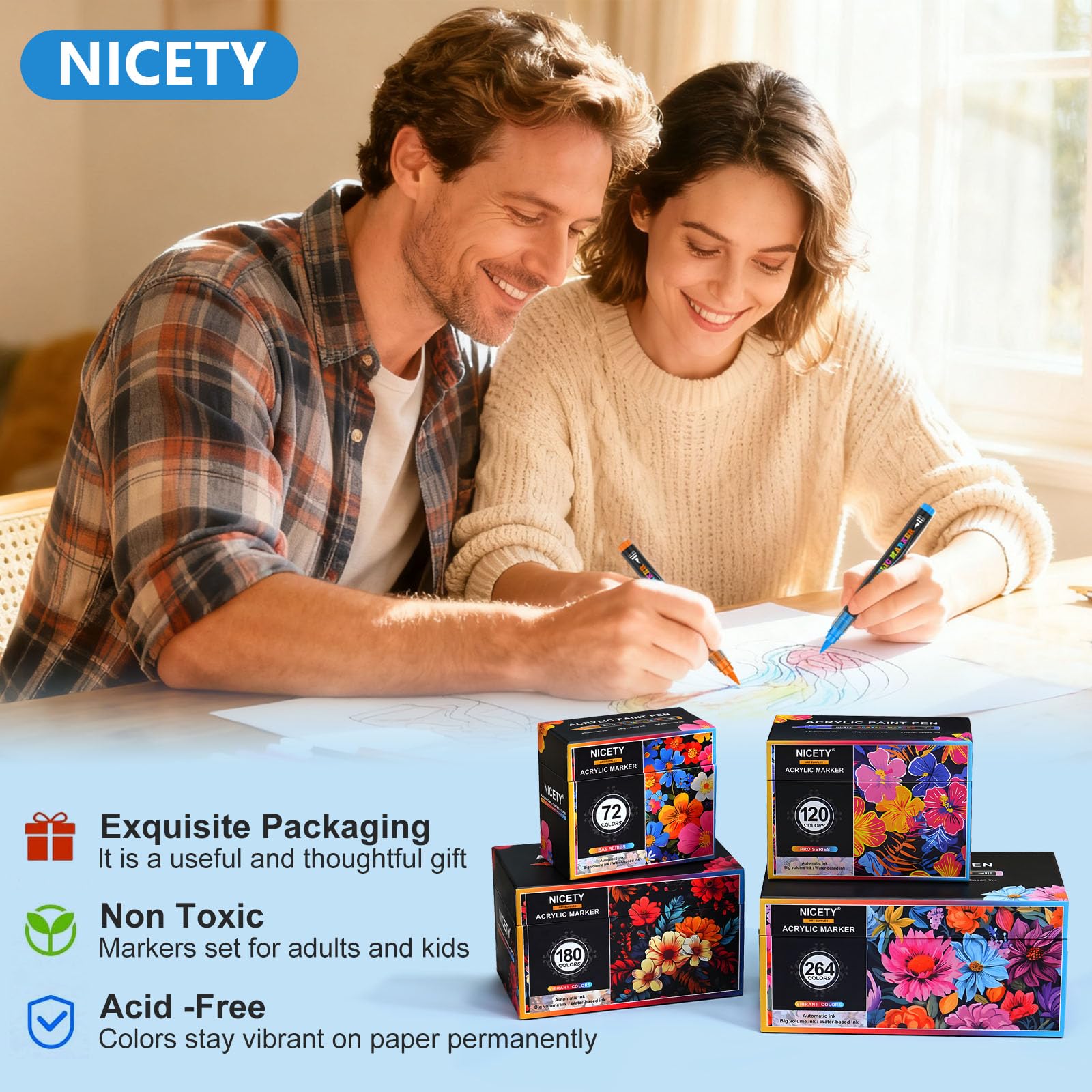 NICETY 120 Rotuladores Acrílicos de Punta Pincel - Set de Marcadores para Pintar sobre Piedra, Madera, Cerámica, Cristal - No Tóxicos, Punta Flexible 1-6mm - Para Adultos, Artistas y Principiantes