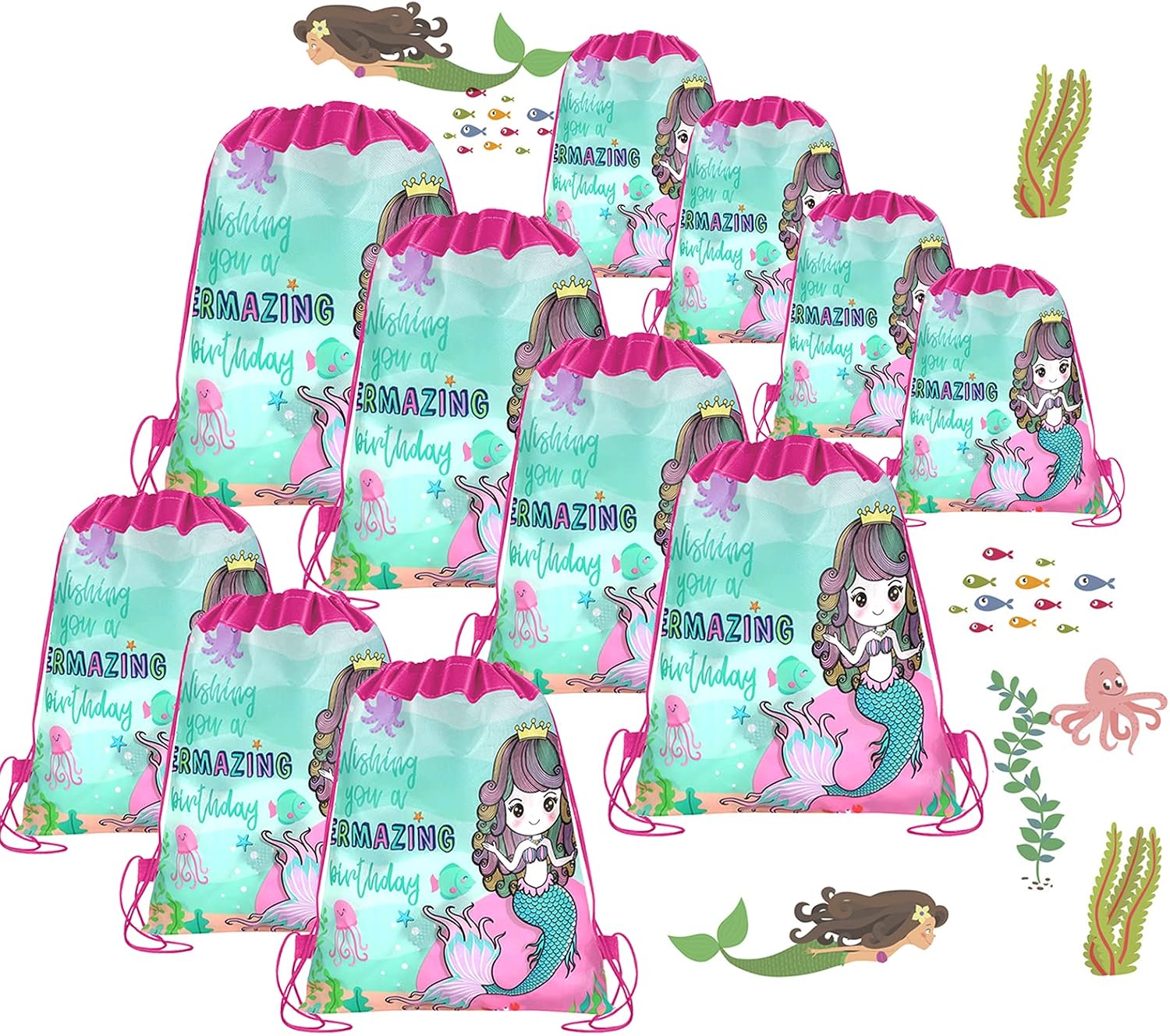 POKONBOY 24 Pack Mermaid Party Favor Gift Bags for Mermaid Party Supplies and Party Decorations, Mermaid Drawstring Backpacks, Mermaid Party Goodies Bags for Kids Mermaid Birthday Party