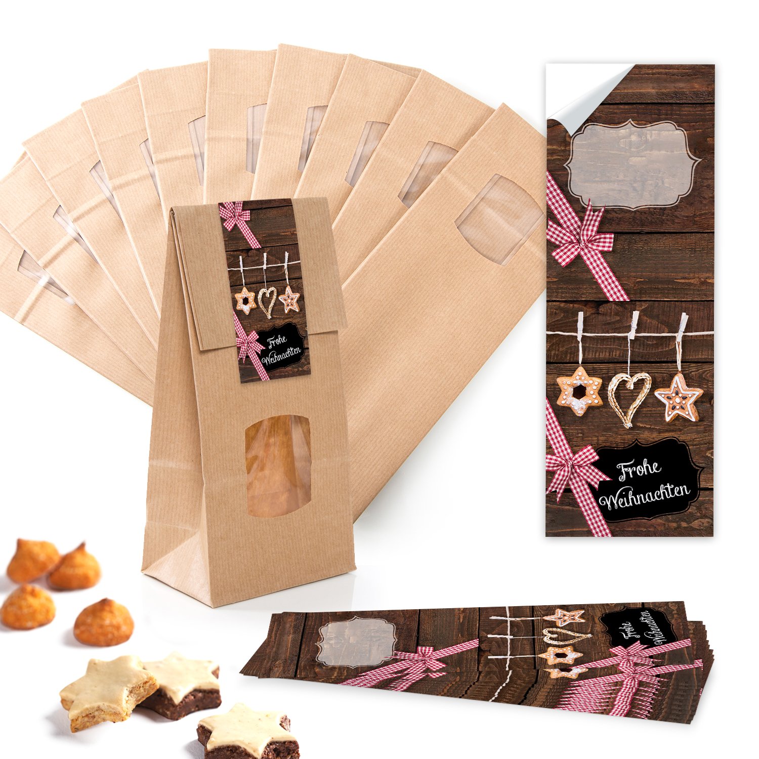 Logbuch-Verlag Weihnachtstüten Mit Fenster – 10 Blockbodenbeutel + Banderolen, Ideal Für Plätzchen & Geschenke
