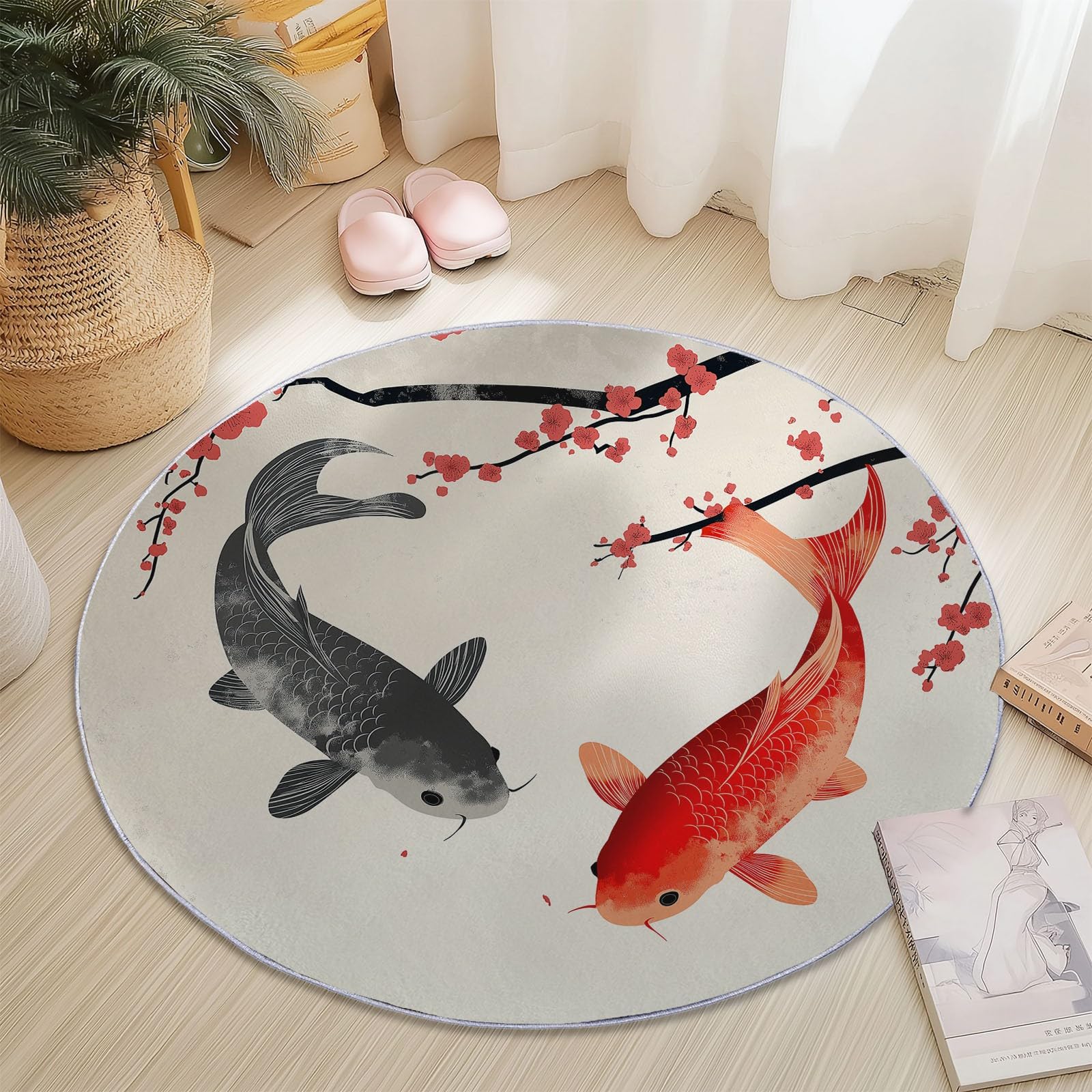 Tappeto rotondo da 210 cm, con stampa di fiori di prugna koi orientali, moderno, antiscivolo, colorato in flanella, lavabile, morbido, per stanza dei giochi, camera dei giochi, camera da letto