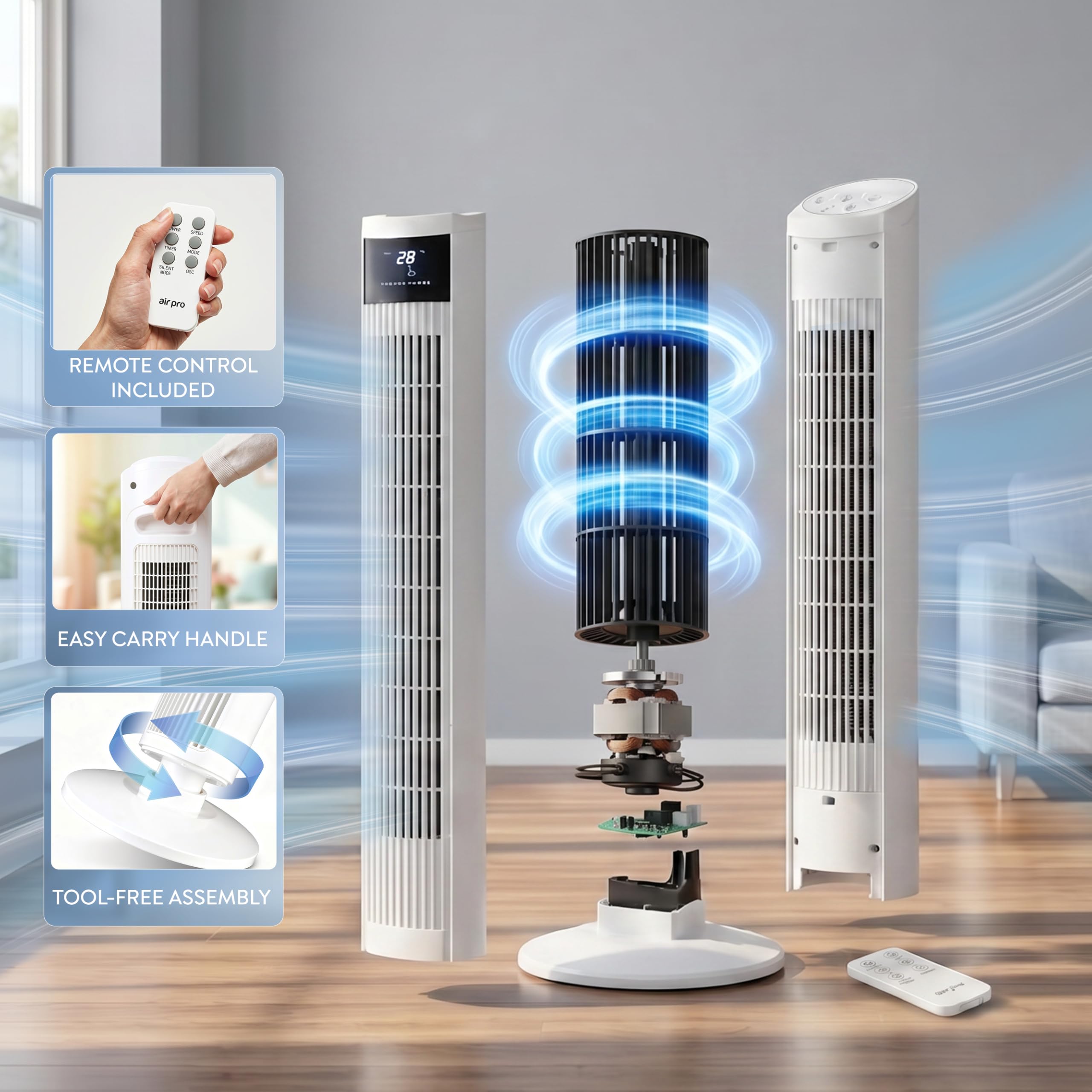 Air Pro 36" Tower Fan Oscillating Bladeless Fan with Remote Control - Tall Compact 3 Speeds Quiet 55W Motor Cooling Fan - Floor Standing Fan for Home Office - LED Display 15 Hour Timer