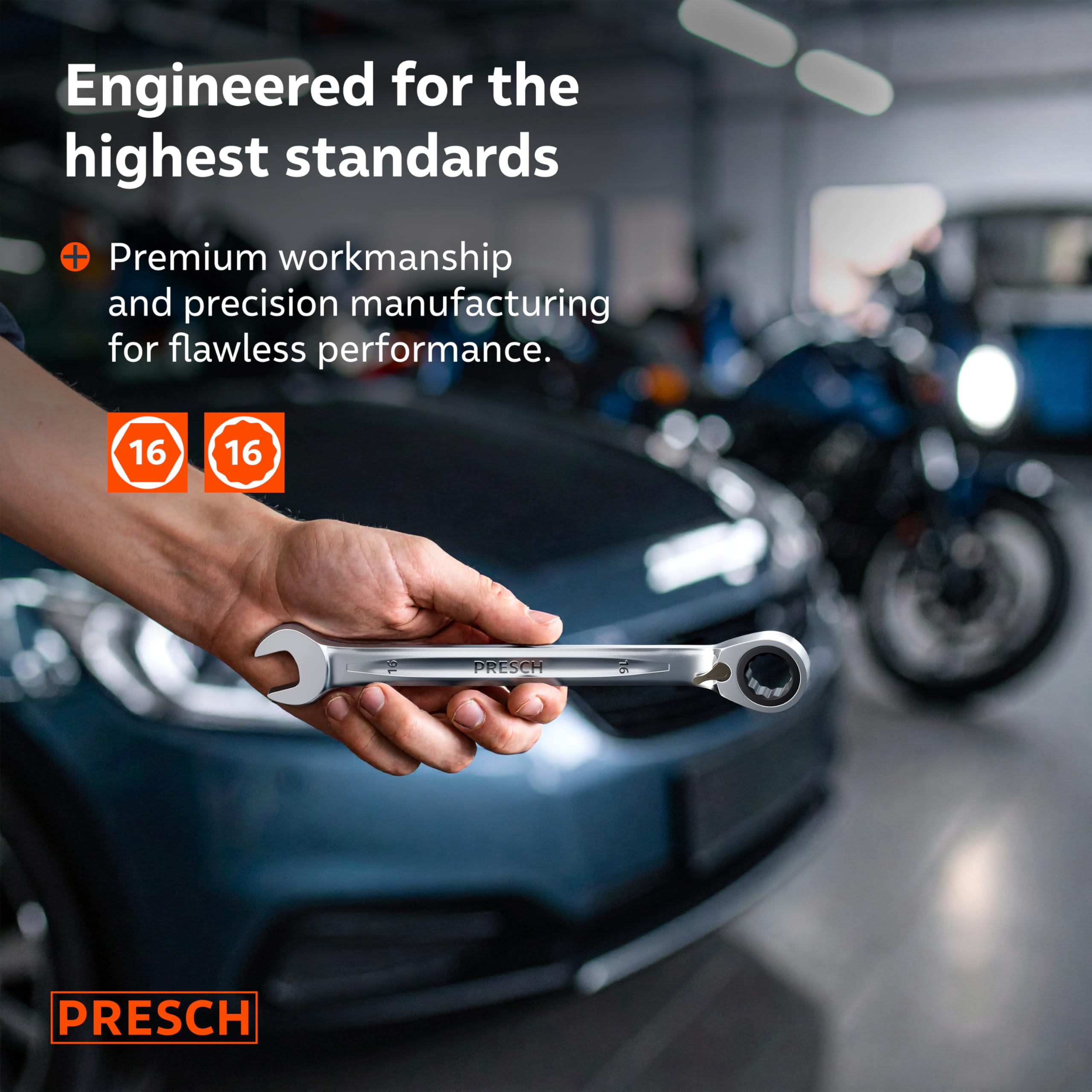 PRESCH Ratchet Spanner Reversible 16mm, Minimal Return Angle (4°, 90 Teeth), 15° Offset for Tight Spaces, Precision-machined - Image 2