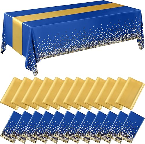 Miniatura 10 de Breling - Juego de 16 manteles desechables de plástico y camino de mesa de satén, color negro y azul, 54 x 108 pulgadas, manteles y caminos de mesa