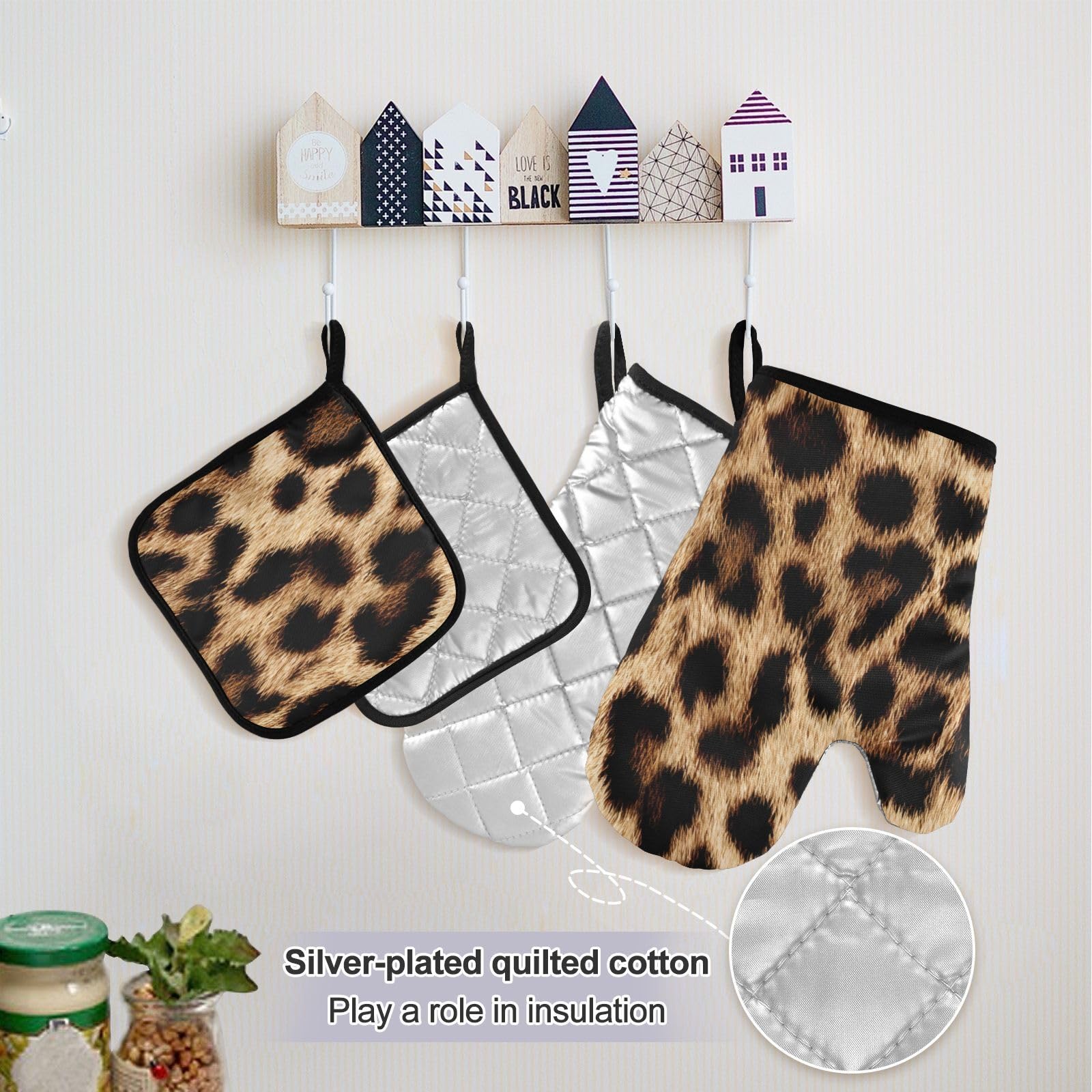 ALAZA Delantal impermeable con estampado de leopardo con estampado de guepardo con bolsillos Juego de guantes de horno para ollas Juegos de lino de cocina, Multi, talla única