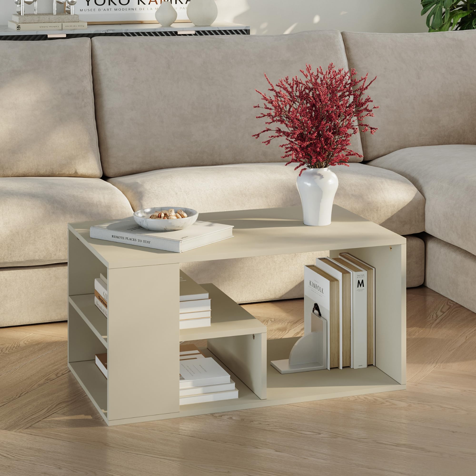 [en.casa] Couchtisch Antaa Wohnzimmertisch 80 x 50 x 40 cm Sofatisch mit Stauraum Beistelltisch rechteckig Kaffeetisch Sandfarben