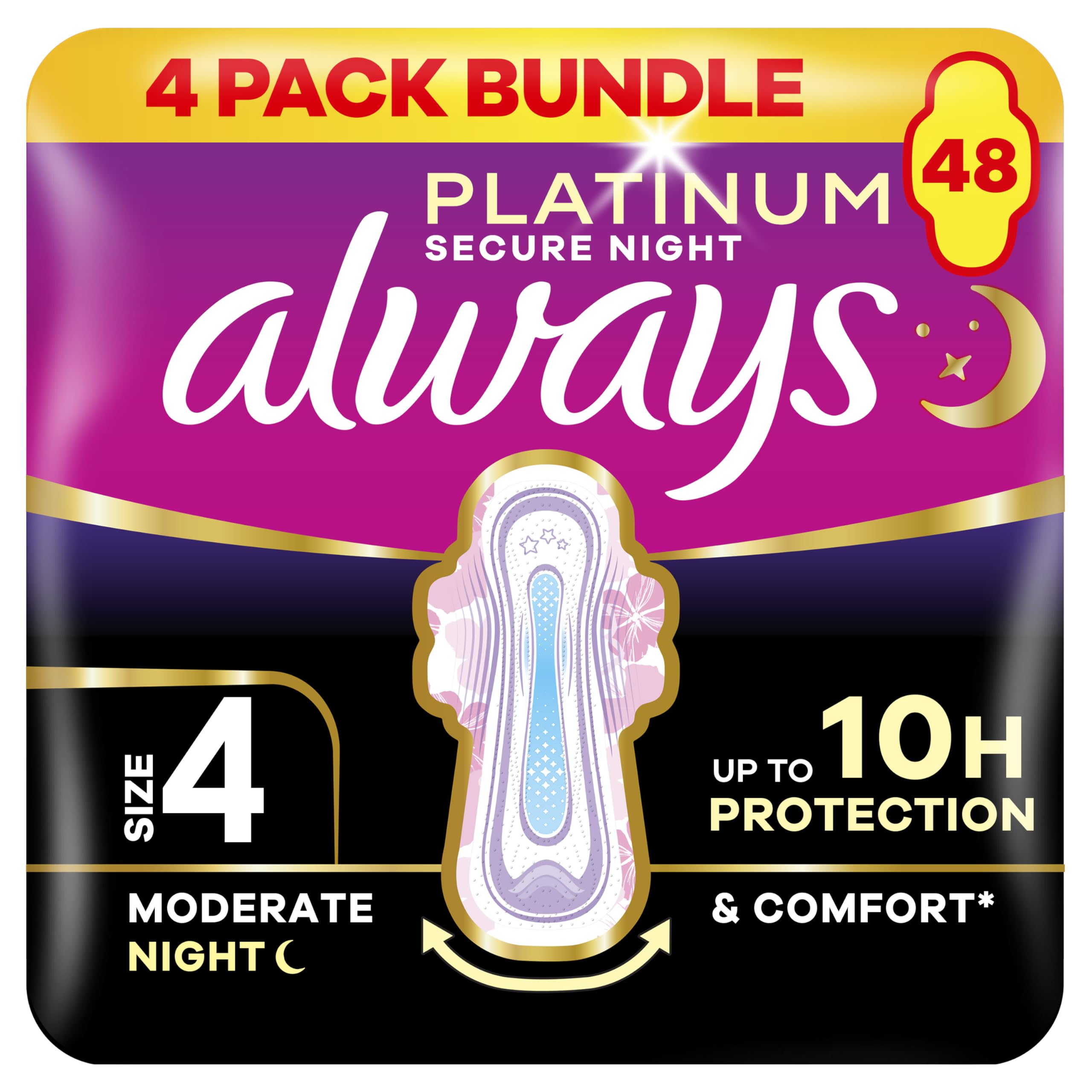 Always Platinum Size 4 Sanitary Pads With Wings Secure Night 12 Pack