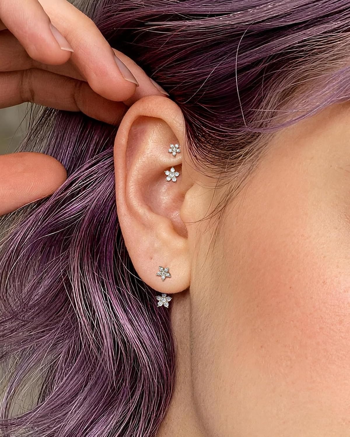 COCHARM Minimalist Flower Rook Piercing Jewelry, 16G 5A CZ Eyebrow Piercing, Stainless Steel Rook Lobe Earrings 6/8MM