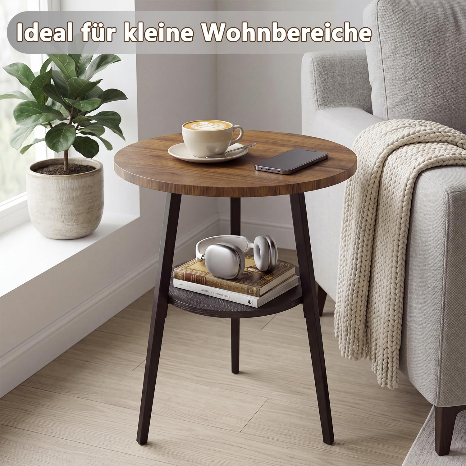 Beistelltisch Rund, Couchtisch Klein mit 2 Etagen, Runder Holz Beistelltisch im Vintage Stil, Nussbaumoptik für Wohnzimmer & Schlafzimmer