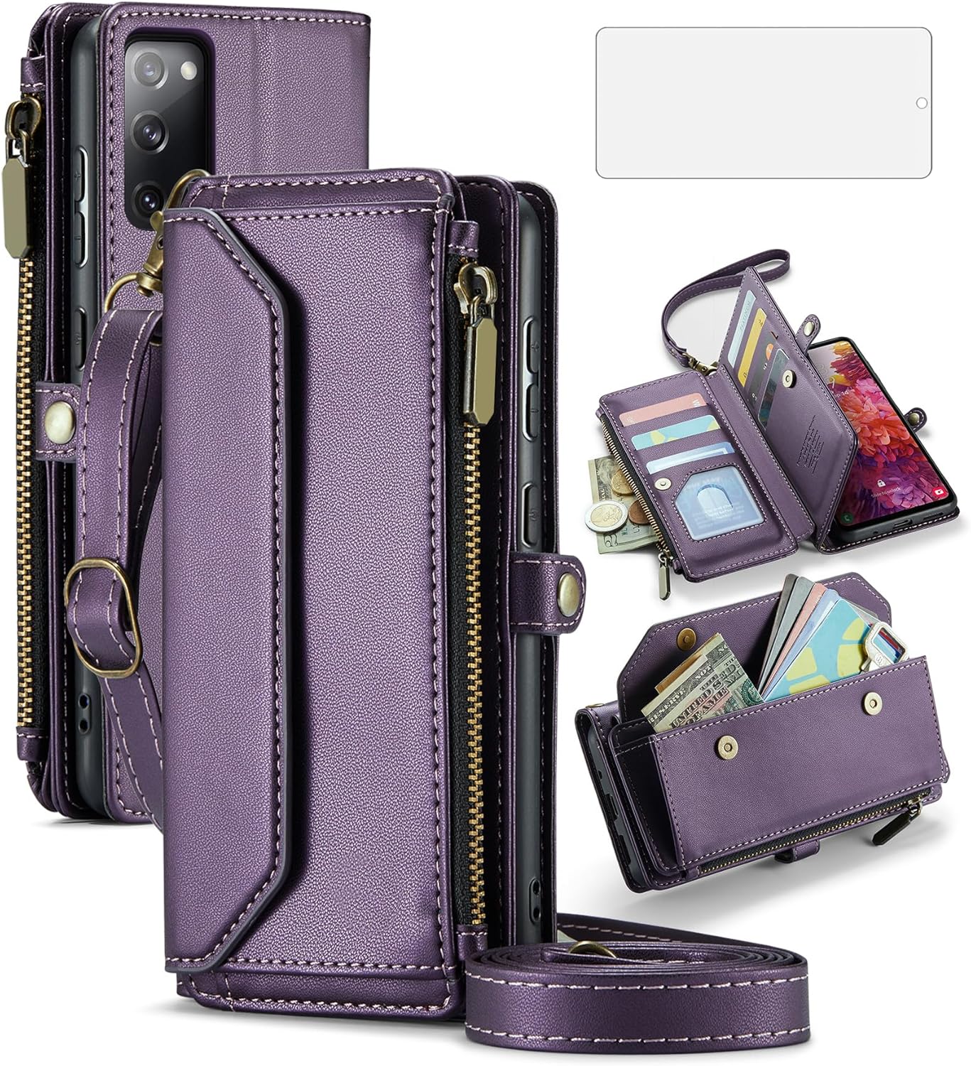 Asuwish Phone Case for Samsung Galaxy S20 5G 6.2 inch Zipper Wallet Cover with Tempered Glass Screen Protector and Flip RFID Blocking Credit Cash Card Holder Cell S 20 20S UW S2O G5 Women Girls Purple