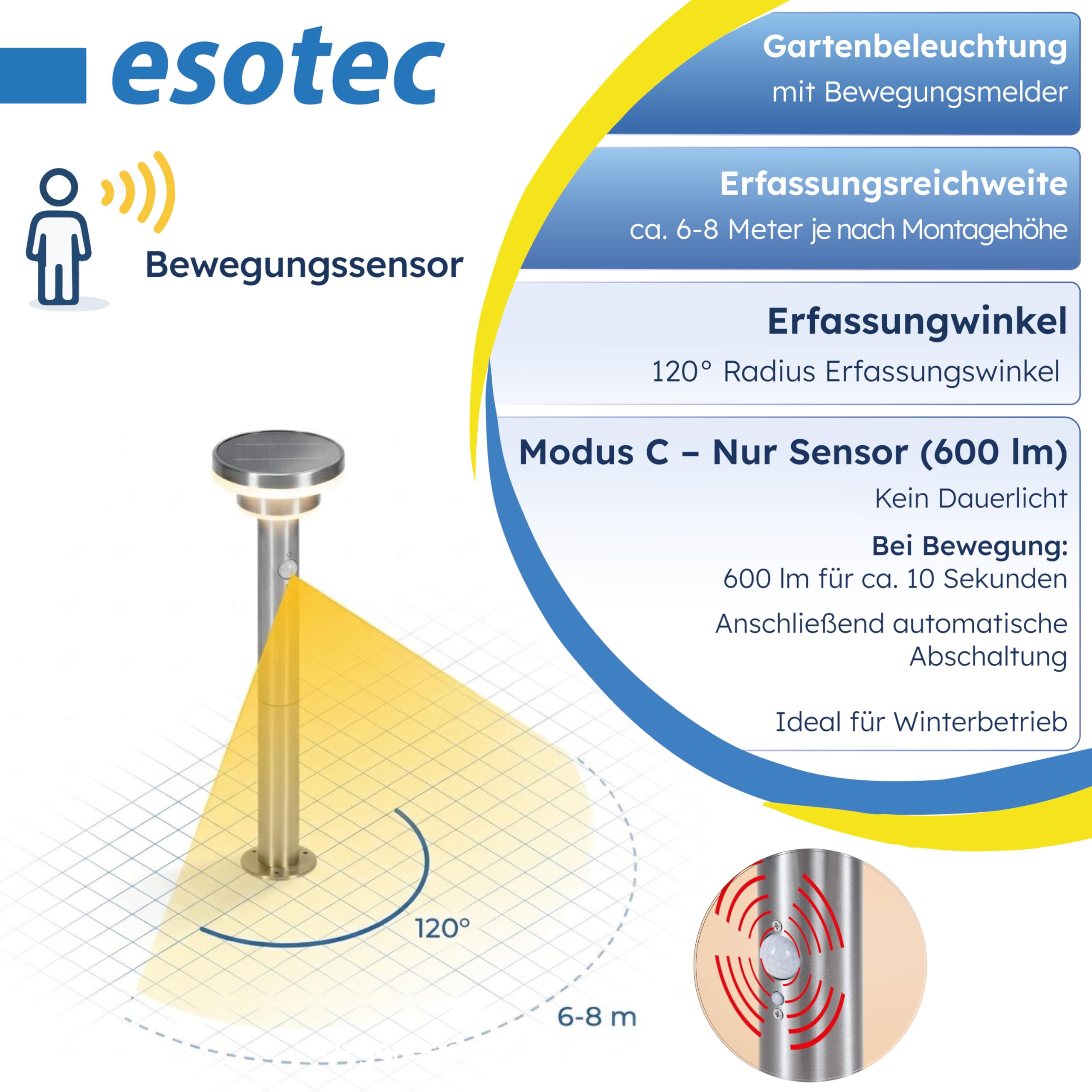 esotec Solar PIR Standleuchte Modena 85, Bewegungsmelder, 3 Leuchtmodi, Akku, LED Solarleuchte, Wegeleuchte, Gartenbeleuchtung, Metall, IP44, außen, wetterfest, silber, Höhe 85cm, 102755
