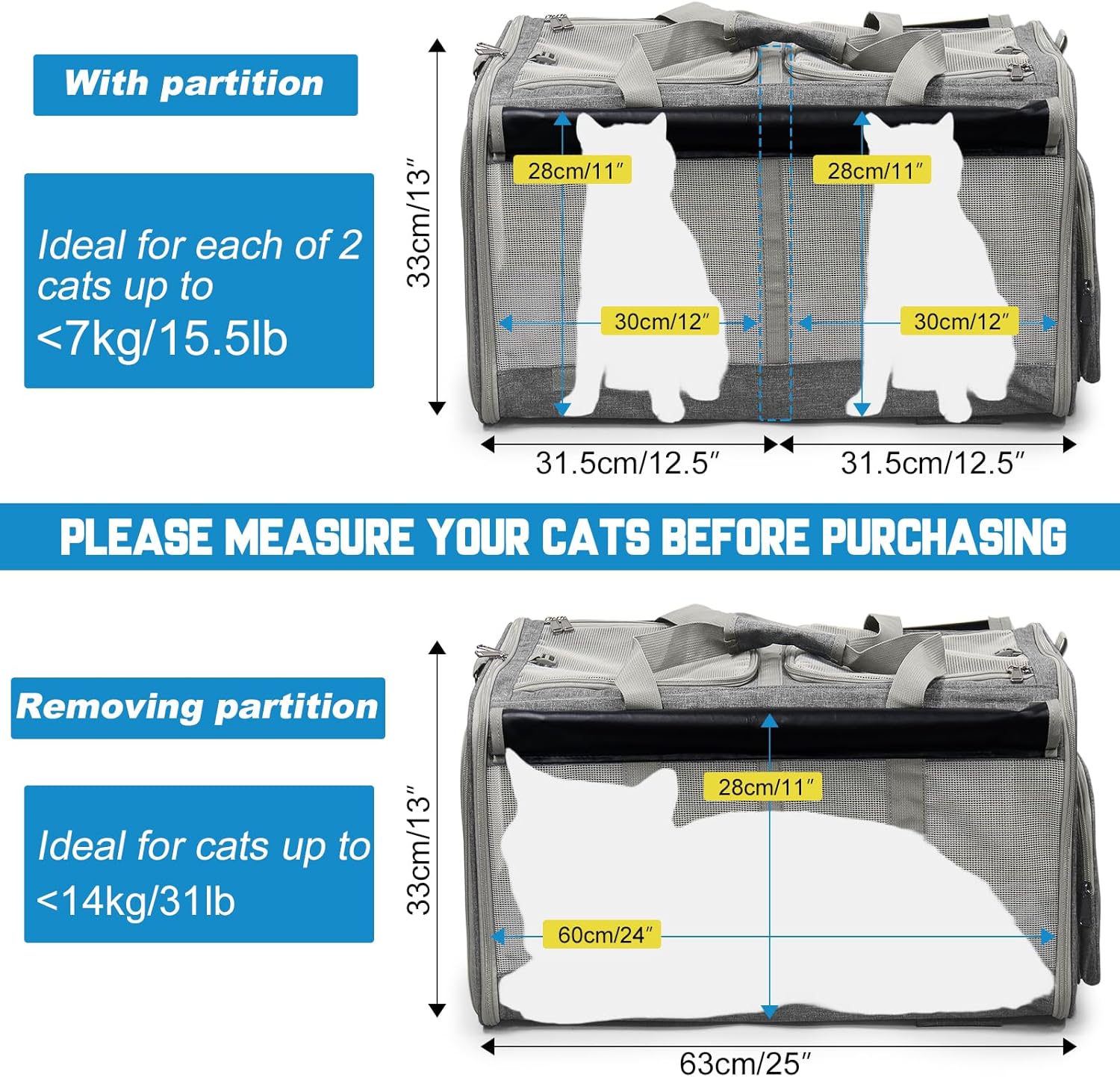 Foldable Large Pet Carrier with Wheels—Accommodates Two Pets, Includes cat Toy and Storage Strap. Breathable and Portable, Ideal for Hiking, Camping, and Travel (Gray)