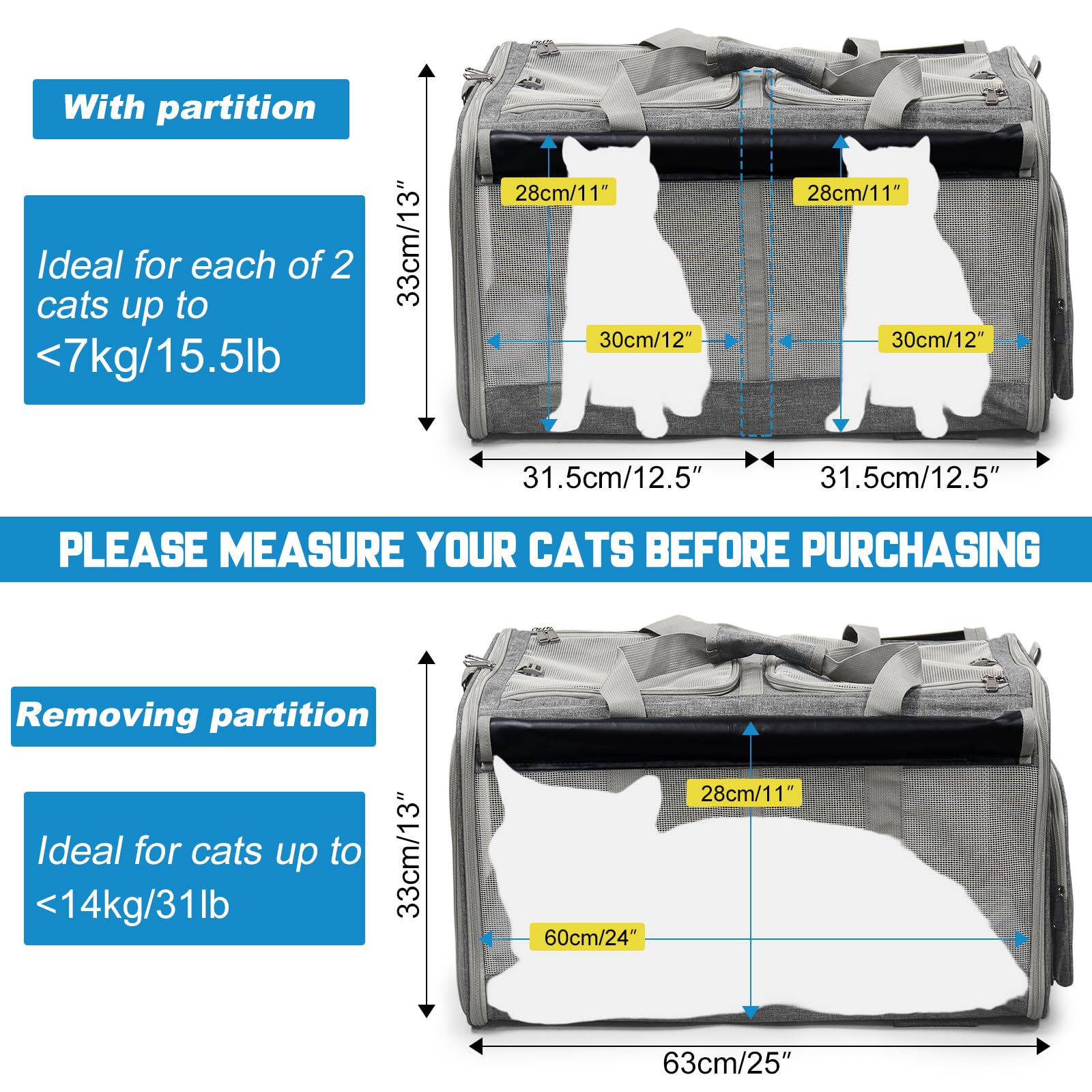 BOODPET Grote kattendrager, kattendrager voor 2 katten, opvouwbare huisdierendrager op wielen, 2-in-1 afneembare compartimenten - met gratis kattenplagerstok en opbergriem, grijs