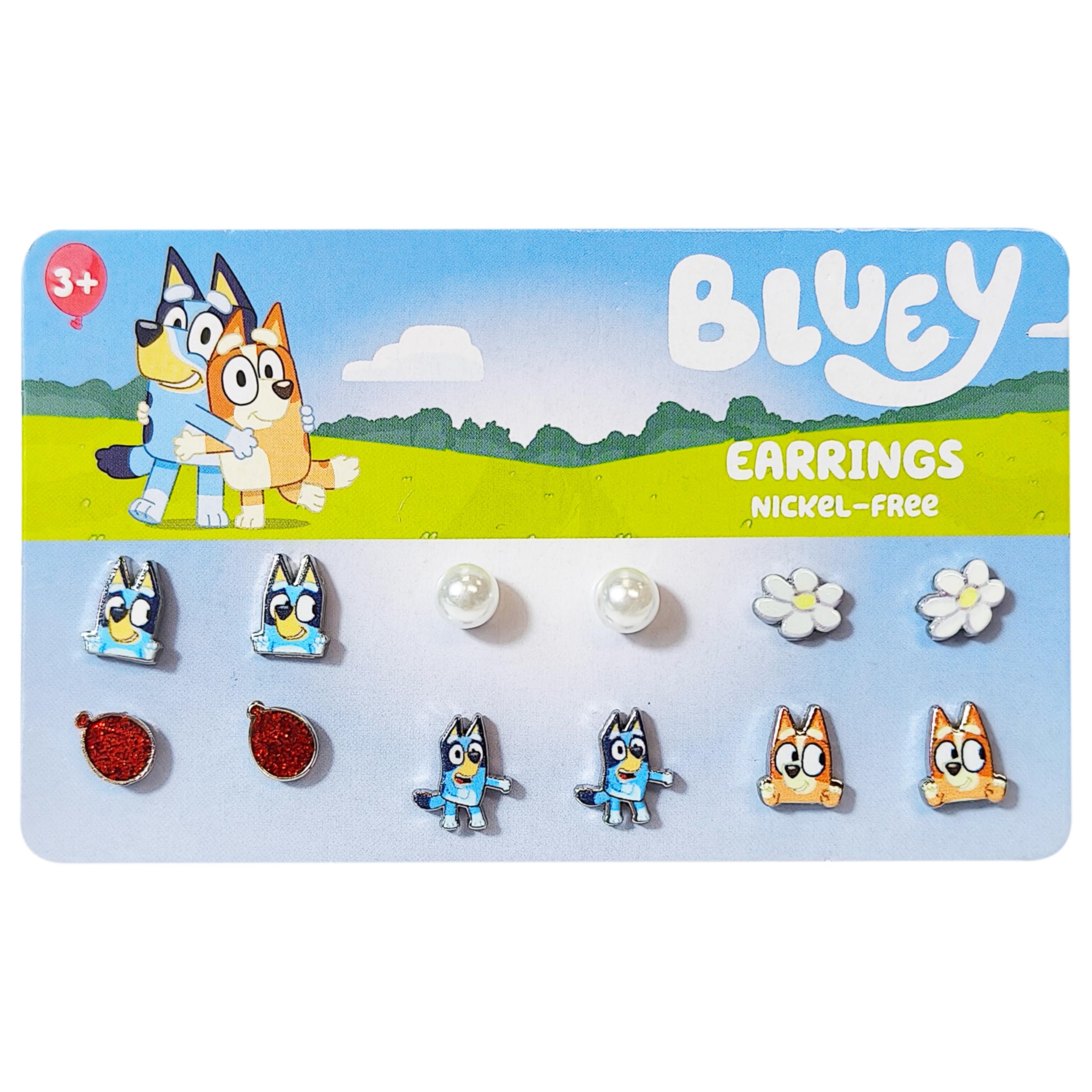 LUV HER Bluey Hypoallergenic Earrings for Girls Ages 4+ - Safe Stud & Fishhook Styles - Jewelry Gift for Sensitive Ears & Cartoon Lovers, 6 Pairs, Stainless Steel, No Gemstone, Stainless Steel, No