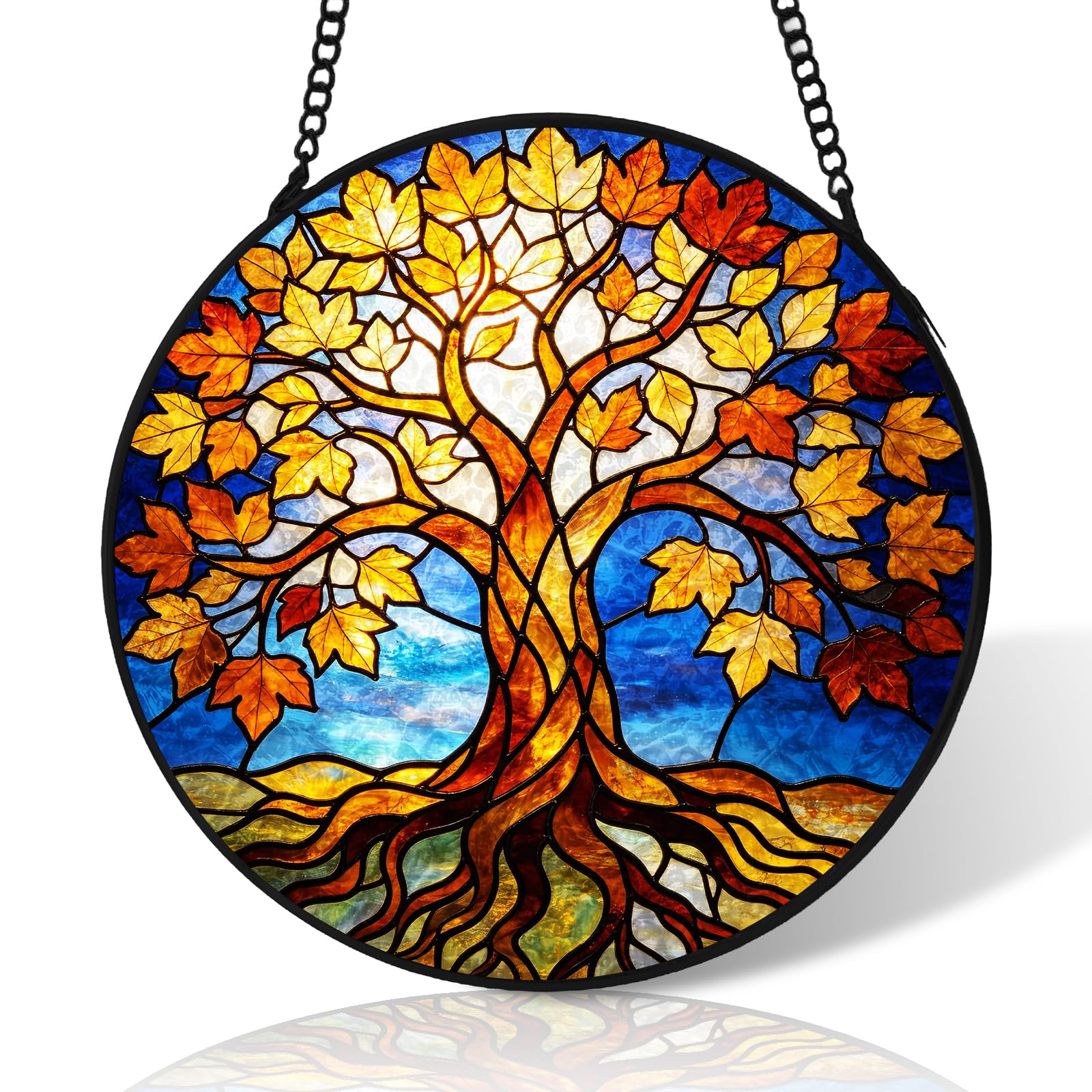 8 inch Blue Sky and Maple Leaf Tree of Life Suncatcher,Stained Glass Windows Hanging Ornament Home Decor,Suncatchers for Windows Hanging,Birthday Gifts for Women,Grandma,Mom,Lovers,Family(Black) โ image 1