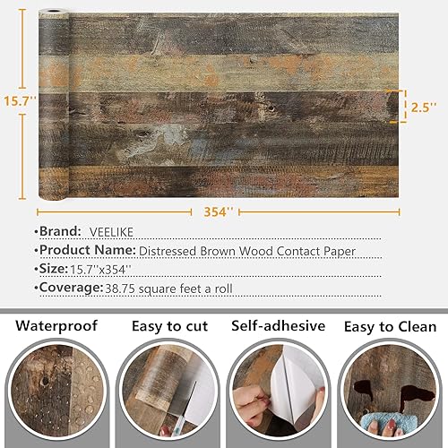 Miniatura 9 de VEELIKE Papel adhesivo de madera astillada para encimeras, papel tapiz impermeable para despegar y pegar, papel tapiz de madera envejecida de 15.7 x