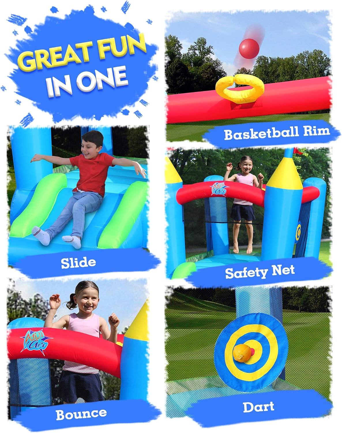 Free Shipping Over $50 Action air Bounce House, Inflatable Bounce House with Blower for Indoor & Outdoor, Bouncy Castle with Slide, Durable Sewn and Extra Thick, Ideal Thanksgiving for Kids (9446)