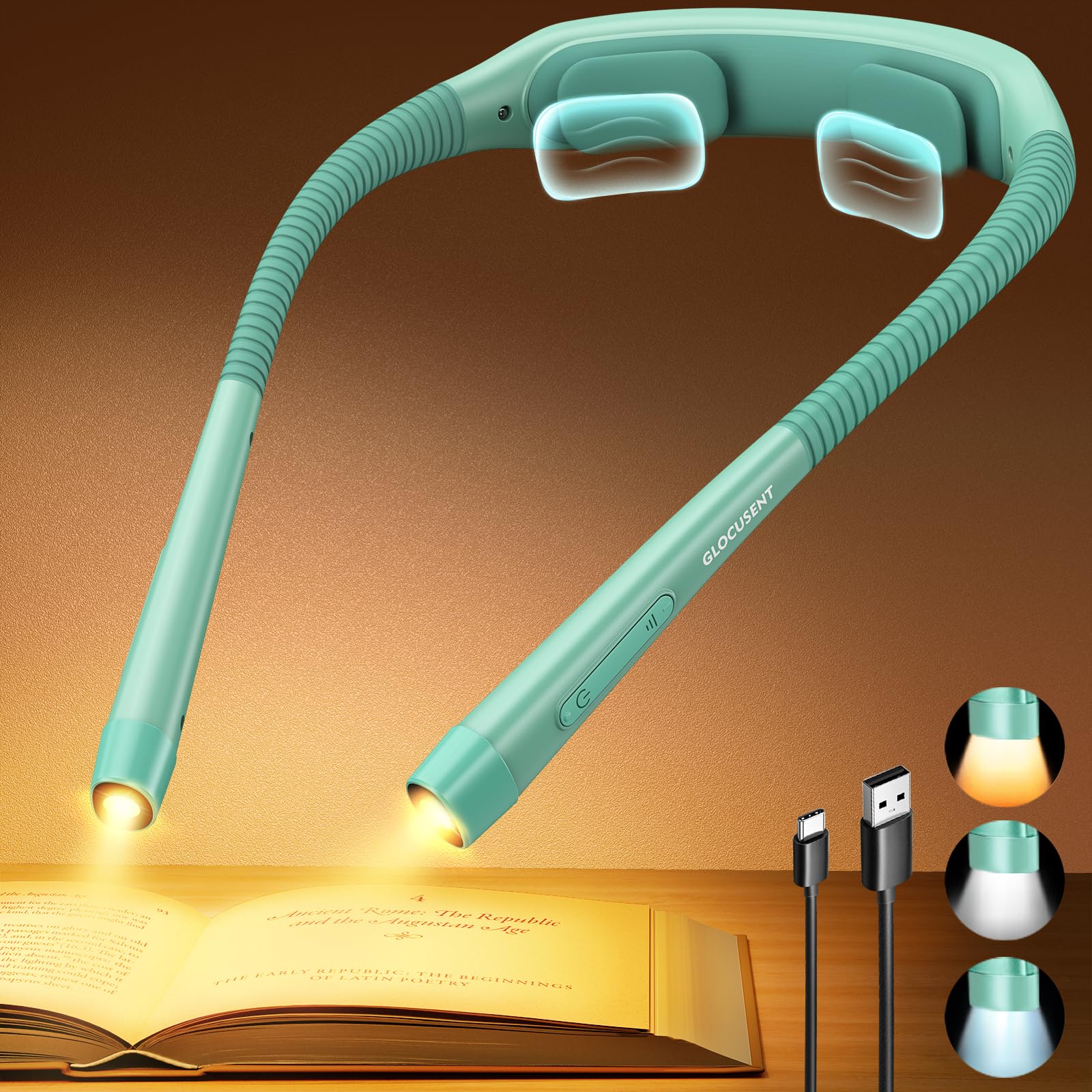 Glocusent Ergonomic Reading Light, 1600mAh Rechargeable Book Light for 100 Hrs - 3 Colors & 5 Brightness, Neck Light with Timers, Sleep Aid & Travel