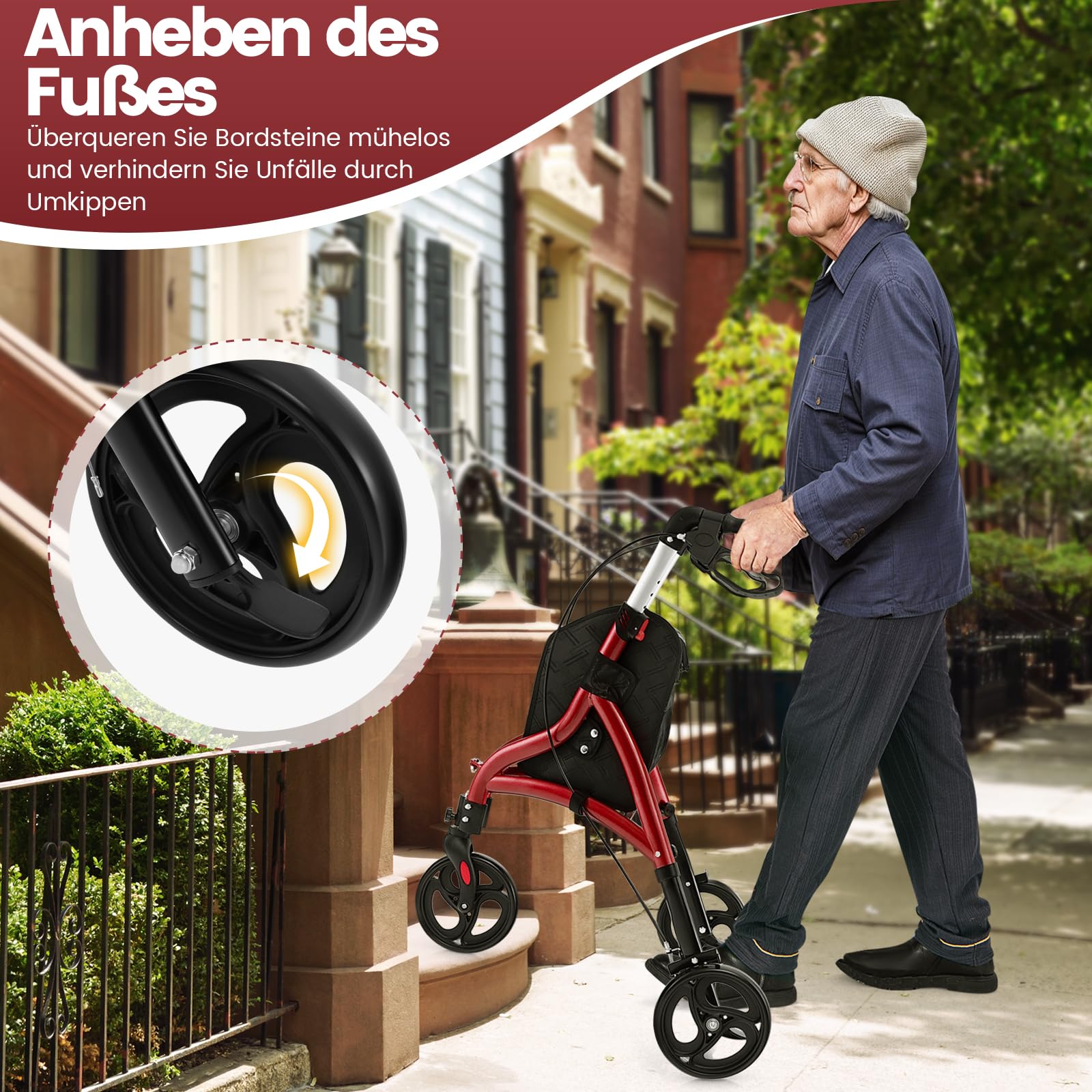 COSTWAY Rollator schmal für Wohnung, Dreirad, faltbar und leicht, Gehhilfe 6-fach höhenverstellbar, Gehwagen mit Tasche & Bremse, Aluminiumrahmen, klappbar für Senioren & Erwachsene (Rot)