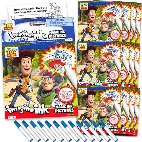 Disney Toy Story Imagine - Juego de 12 libros para colorear de tinta mágica para niños, sin ensuciar, con calcomanías de bots de granero y colgador