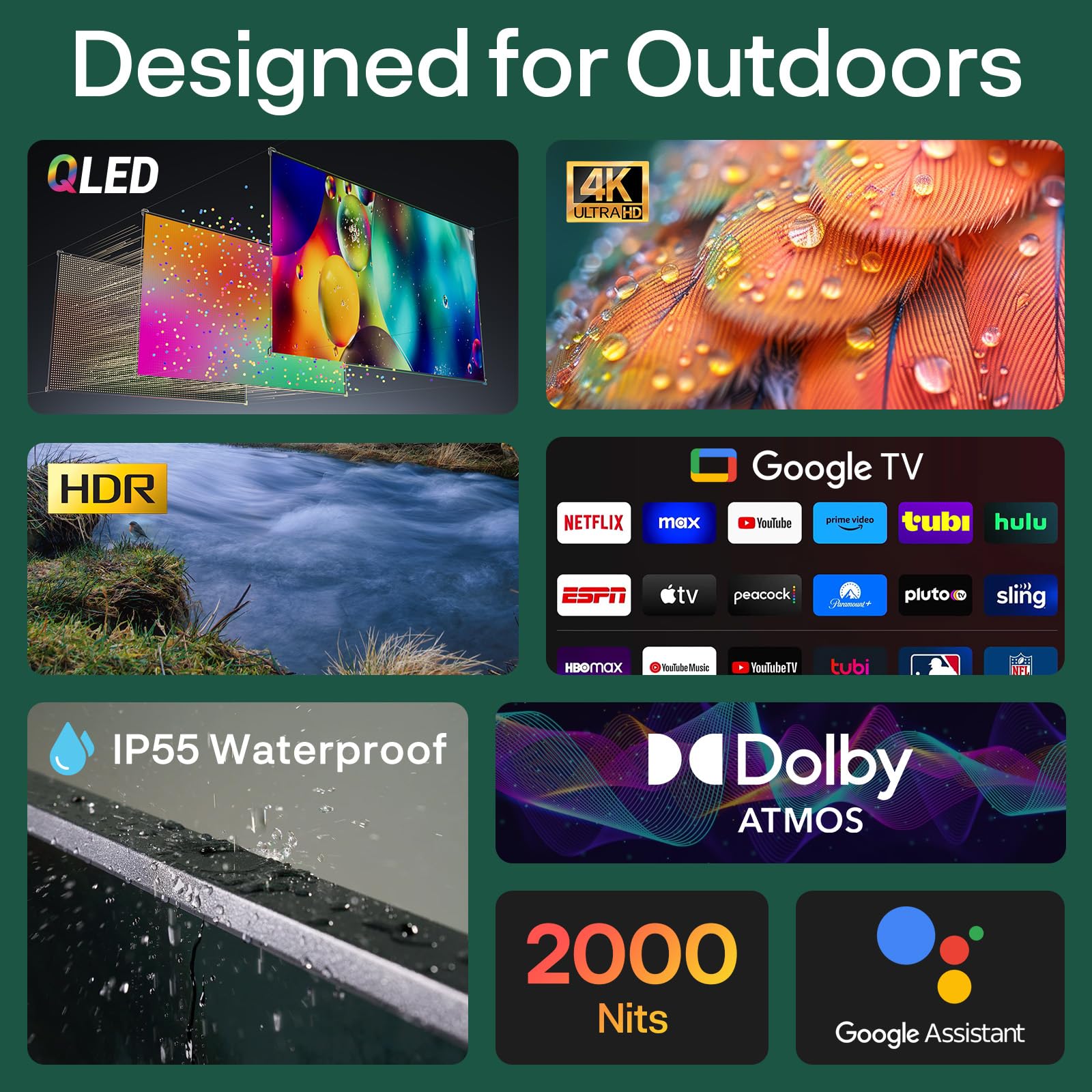 SYLVOX Outdoor TV 55 Pulgadas, 4K UHD QLED TV para Exteriores, 2000 Nits Google TV, Dolby Atmos, DVB-C/T2/S2, HEVC, IP55 Televisor de Exterior Resistente al Aguapara Jardín, Terraza, Piscina y Locales