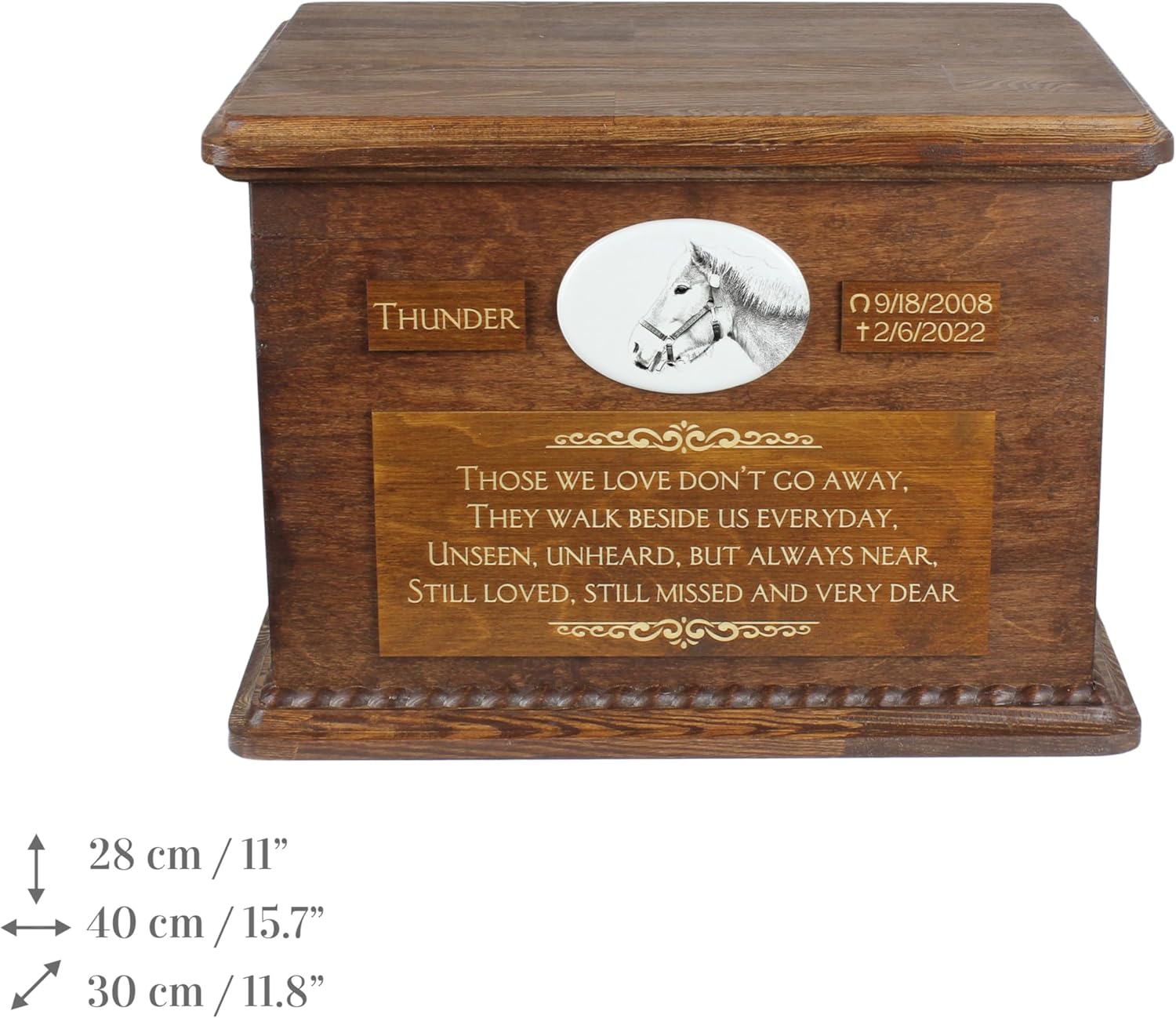 Art-Dog Big Urn for Horse Ashes - Handmade Memorial with Photo - Personalized Custom Horse Urn with Brass Handles and Ceramic Plaque - 15.7x11.8x11” – Haflinger