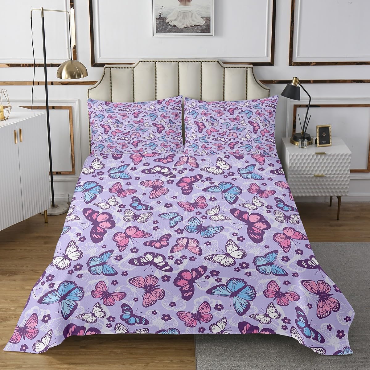 Feelyou Butterfly Bedspread King Size Purple Boho Coverlet Set Floral Pattern Quilt Set Butterflies Print Bedding Collection for Boys Girls Kids Adults