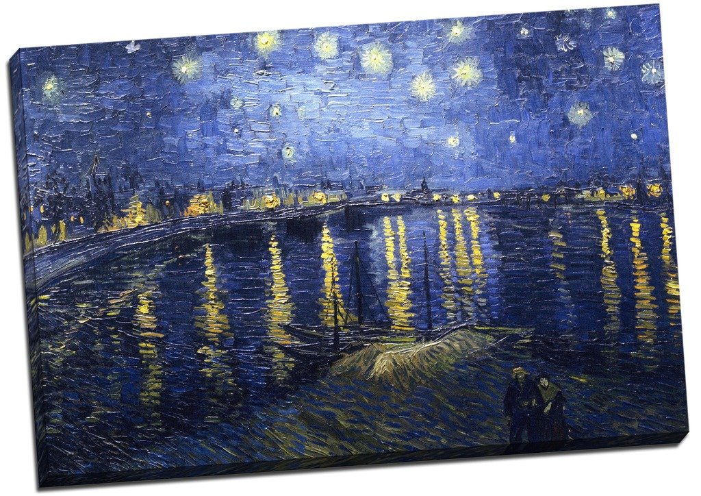 Panther Print Blue, Black, Yellow Vincent Van Gogh Starry Night Over The Rhone Canvas Print Picture Wall Art Large 30X20 Inches