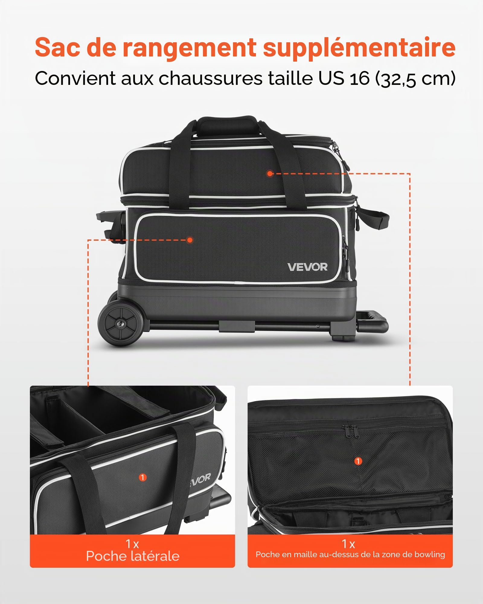 VEVOR Sac de Bowling à roulettes, Valise de Transport pour 2 Boules, avec Compartiment pour Chaussures, Poche pour Accessoires Surdimensionnée et Poignée Rétractable Extensible, Noir et Blanc
