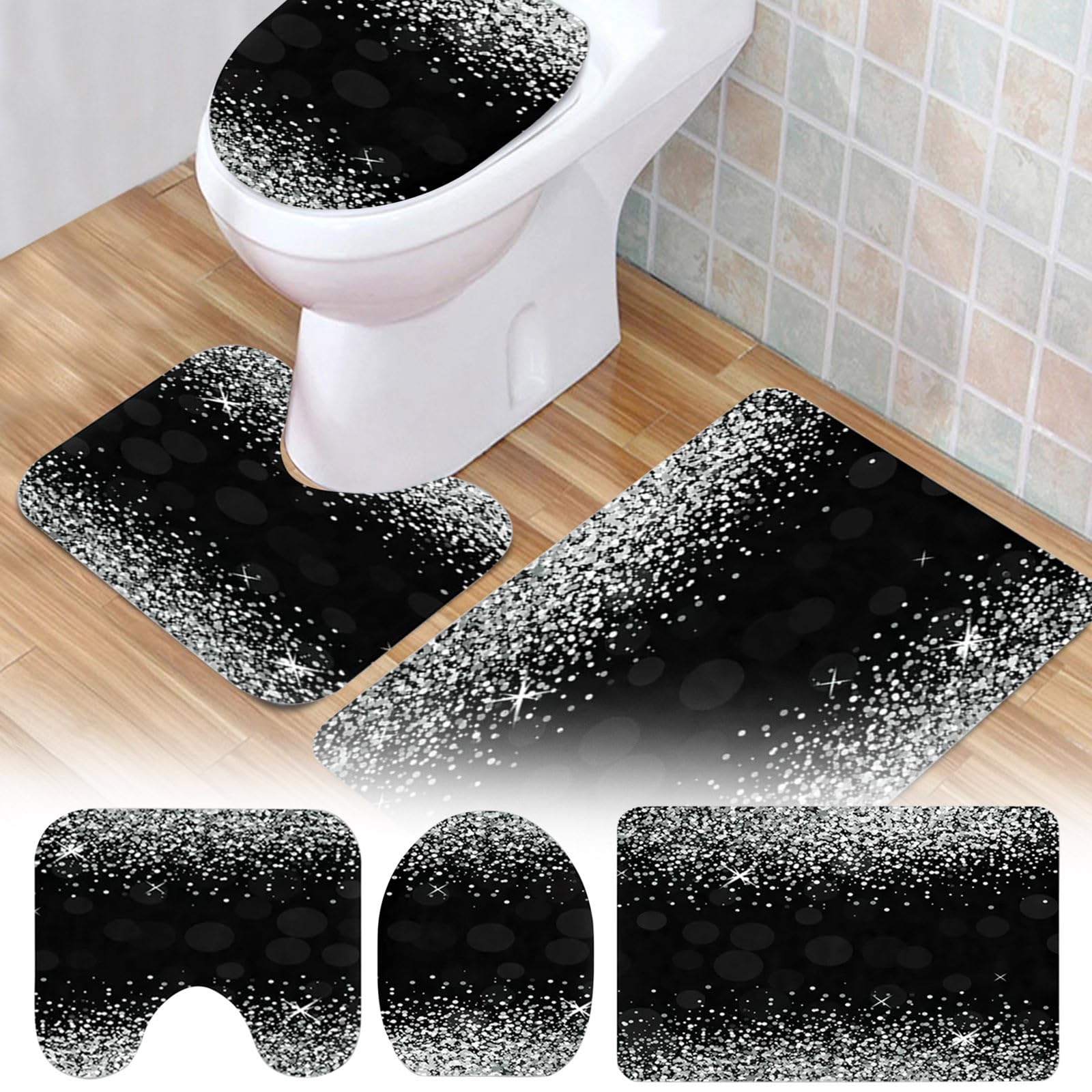 Silver Black Glitter Sparkle Bathroom Rugs Set 3Pcs Flannel Bath Mat Set Super Absorbent Toilet Lid Cover and Soft Plush, Non-Slip Bath Rug Floor for