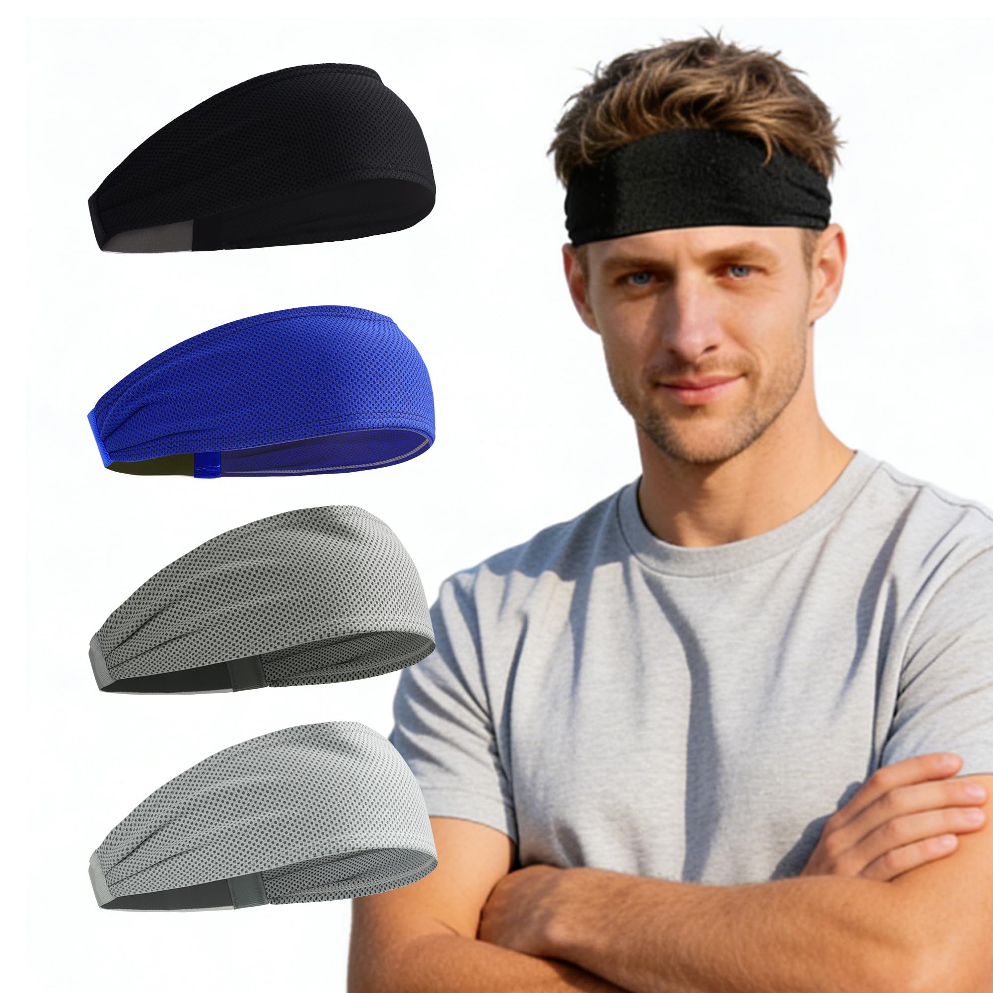 Cooling Headbands for Men 4 Pack, Moisture Wicking Sweat Bands for Gym