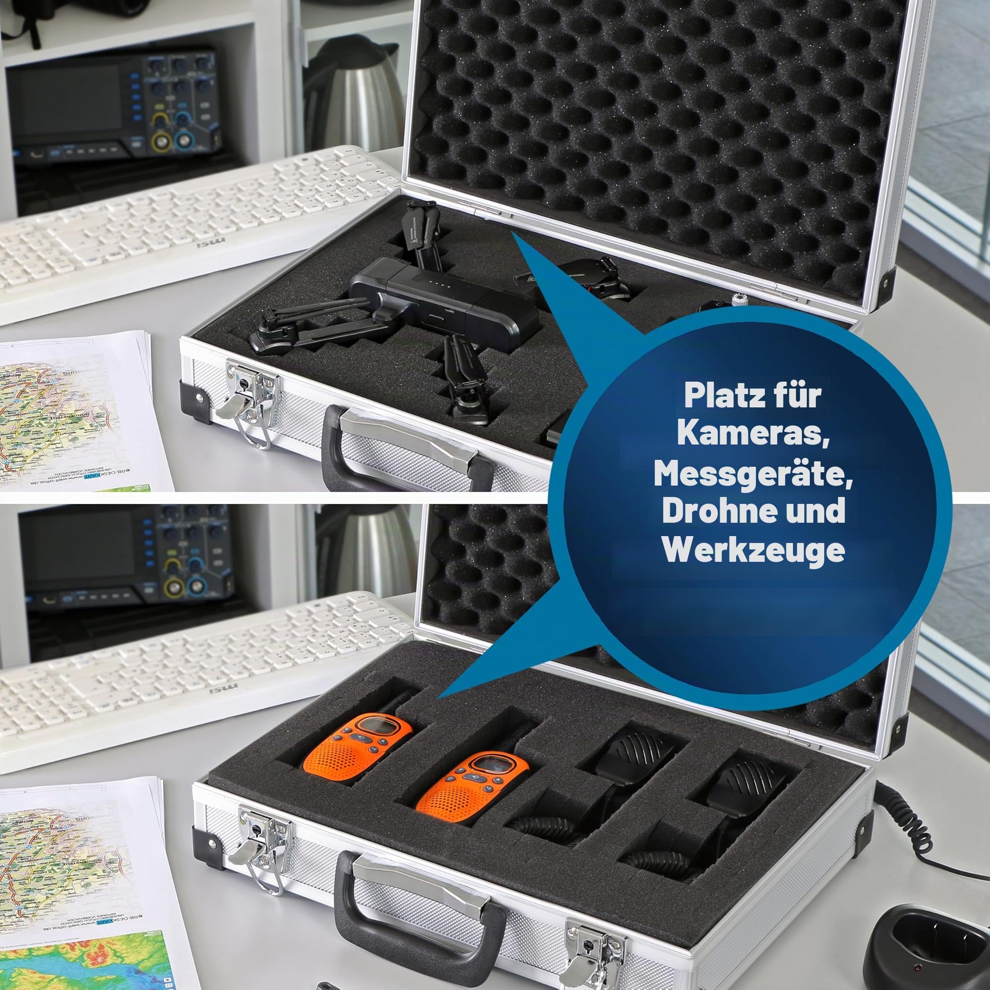 PeakTech P 7265 Alukoffer – abschließbarer Universal-Transportkoffer mit Würfelschaumstoff – tragbarer Fotokoffer – robuster Alu Koffer mit Schutz vor Regen und Staub – Groß (390 x 280 x 100 mm)