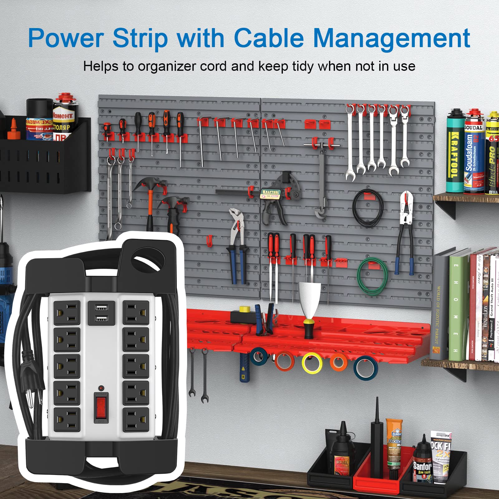 CCCEI - Regleta de alimentación resistente con puertos USB, 10 tomas, protector de sobretensiones de 2700 julios, taller industrial de metal, 15 amperios, múltiples tomas, cable de extensión