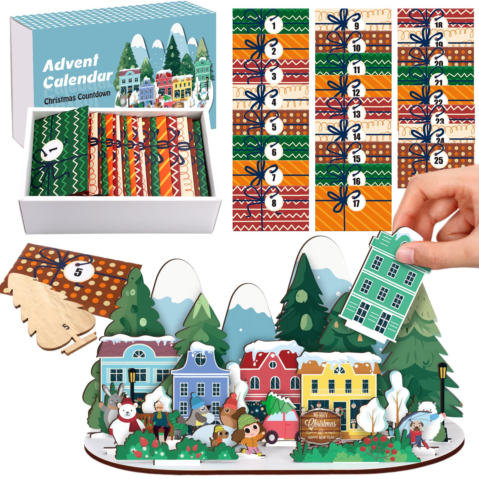 Colingmill Adventskalender aus Holz, Weihnachts-Countdown-Geschenk-Set mit 25 Geschenkumschlägen für Tisch Fenster Dekor Regale Tisch Mittelstücke Dekoration (Weihnachtsdorf)