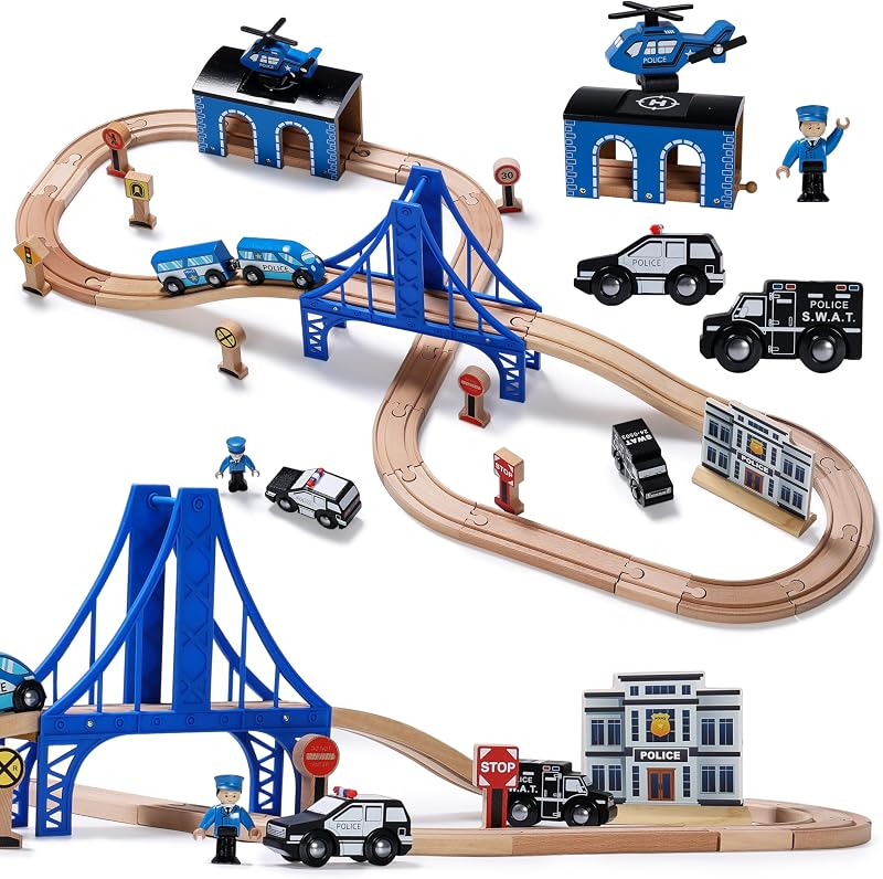 Wooden Train Set - Interactive Police Playset for Kids | Building Toy with Train, Figures & Accessories | Compatible with Brio, Thomas, Melissa and Doug | Educational STEM Gift