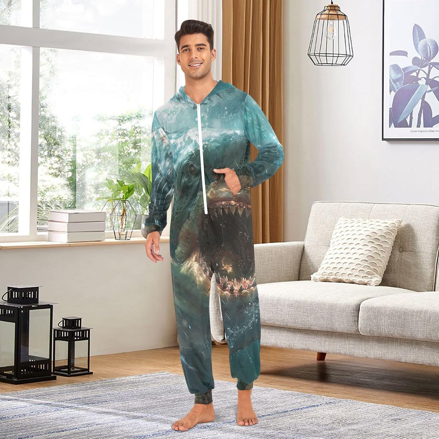 Shark Zipper Hooded Adult Jumpsuit Pajamas with Pockets XS-3XL