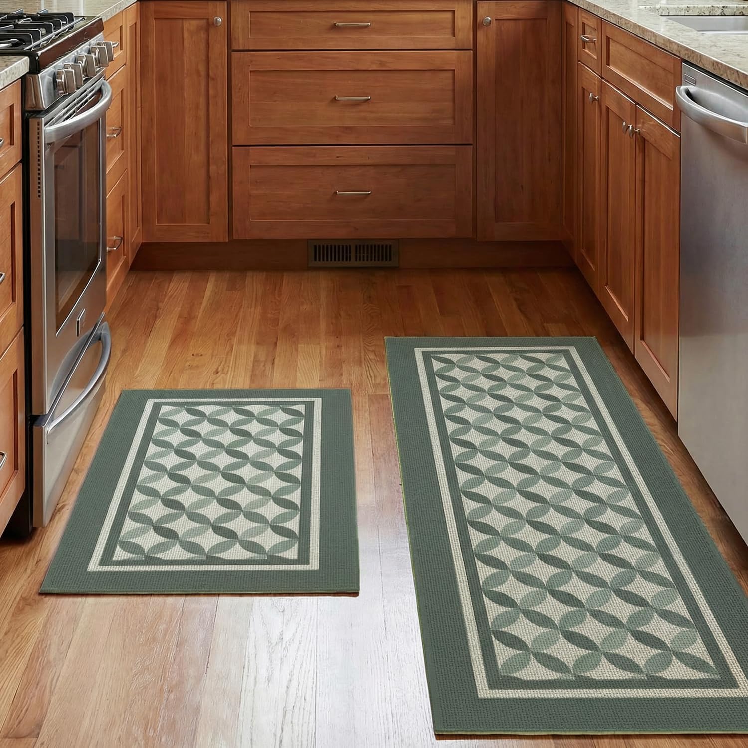 Artoid Mode Green Washable Non Slip Rustic Kitchen Mats Set of 2, Absorbent Natural Rubber Back Low-Profile Kitchen Rugs for Floor - 17x29 and 17x47 Inch