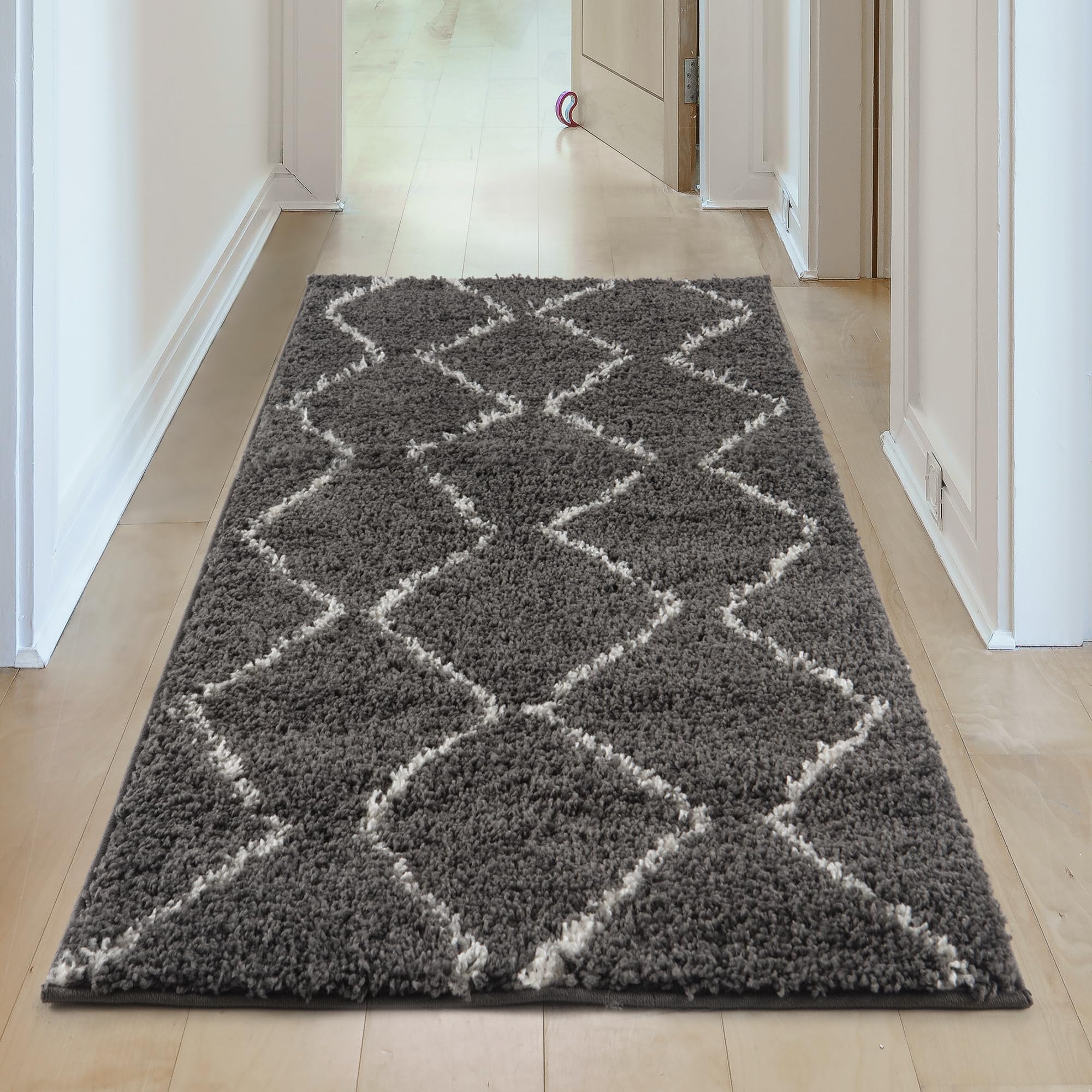 THE RUGS Modern Moroccan Design Living Room and Bedroom Rugs, Non-Shedding & Easy Care (Boho Dark Grey/Ivory, 60x110 cm) - Image 2