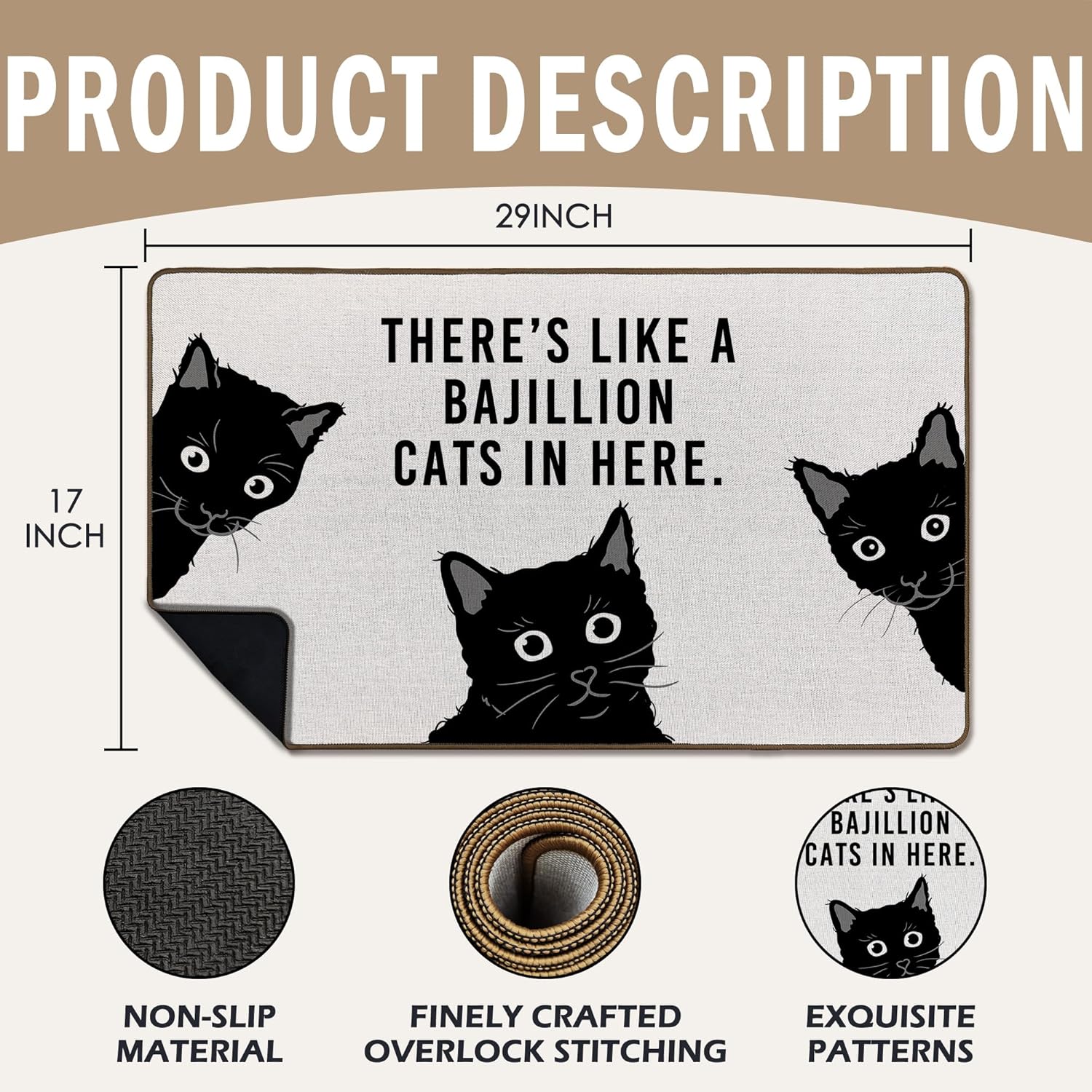 Funny Black Cat Door Mat, Black Cat Front Door Mat Outside Indoor Entrance, Funny Kitty Kitten Decorative Outdoor Doormats for Home Bedroom House Entryway, 17x29in