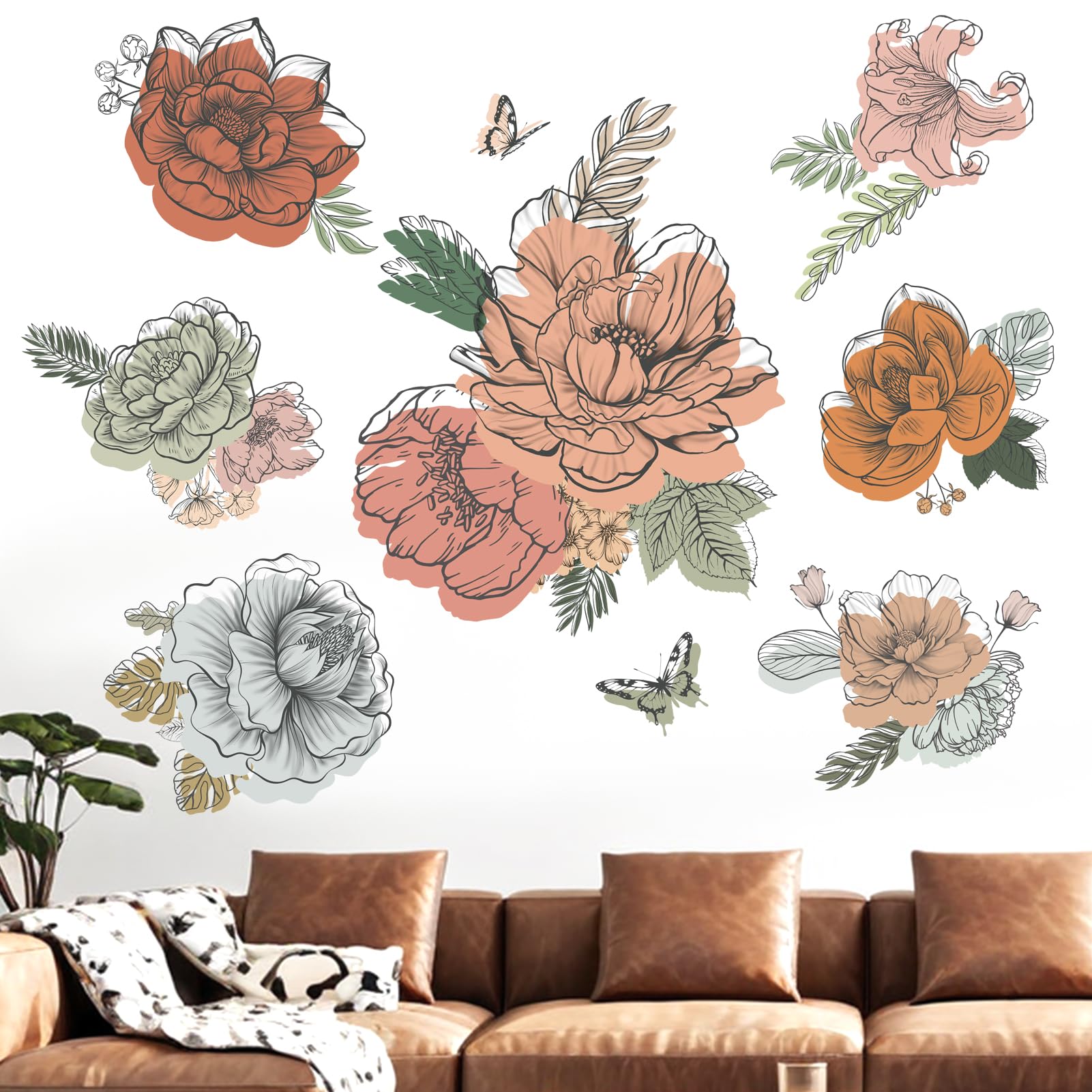 Flower Wall Decals for Living Room: Grass Plants Boho Floral Wildflower Wall Stickers - Bedroom Sofa TV Background Home Wall Decor